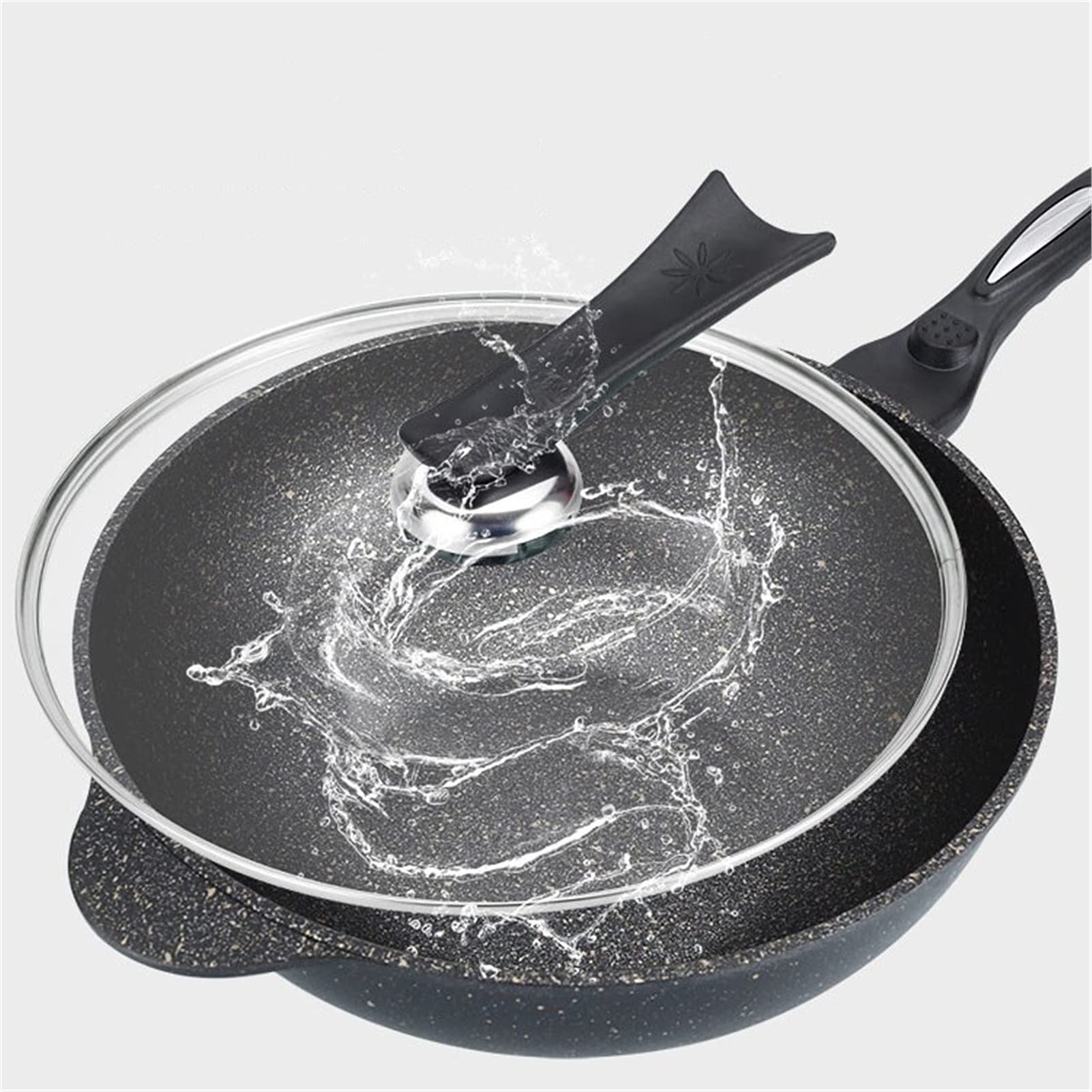Patelnia woka, nieprzywierająca patelnia indukcyjna z pokrywką, patelnia do mieszania z kutego odlewu aluminiowego, 3-warstwowa powłoka zapobiegająca przywieraniu bez PFOA, granit (czarny 30 cm)