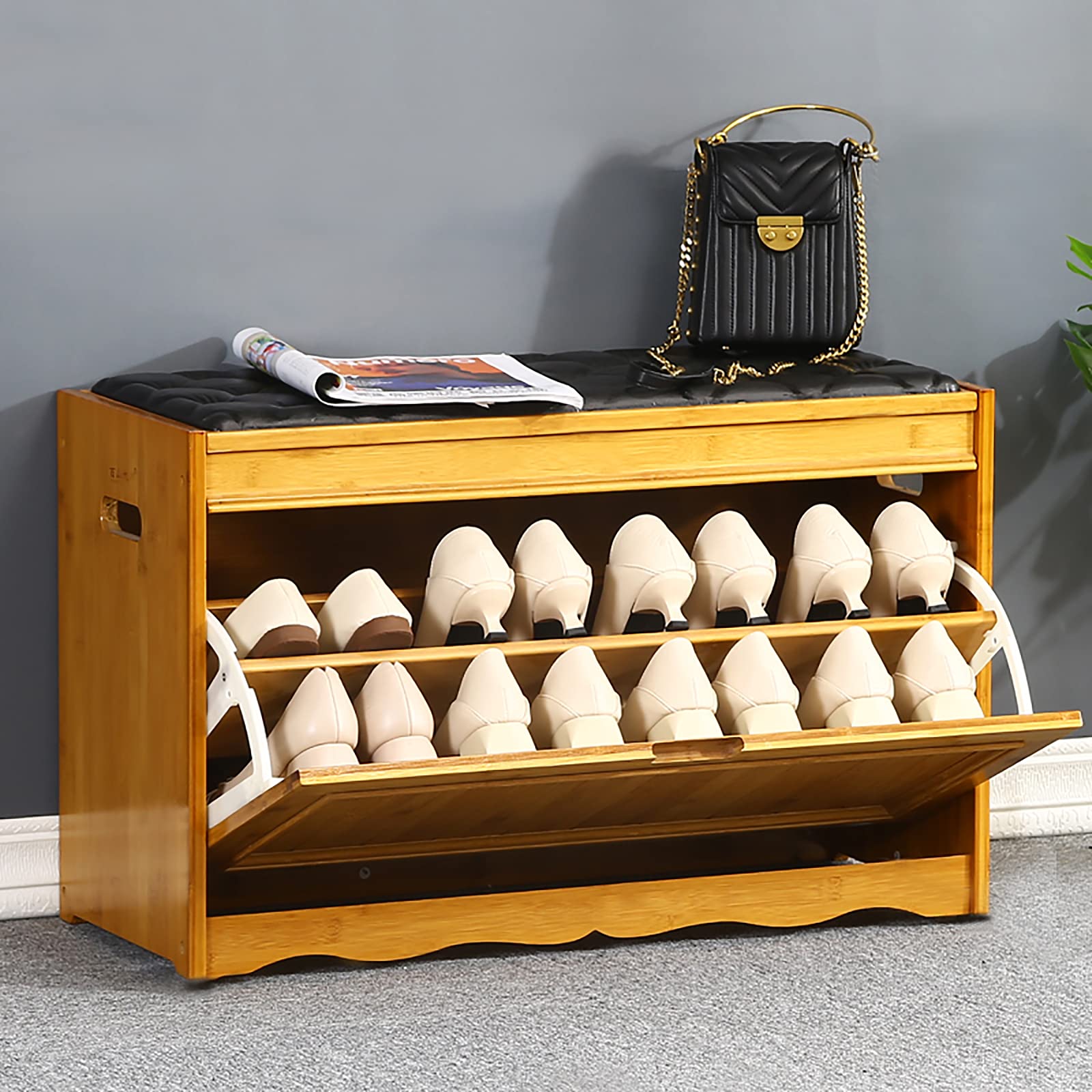 MYUYEE Natural Bamboo Shoe Storage Bench,Rustic Entryway Shoe Bench Shoe Cabinet Shoe Rack,Comfy Upholstered Bench Seat Hallway Shoe Storage Orga-B 58X50X32.5Cm(A-73X45X29.5Cm)