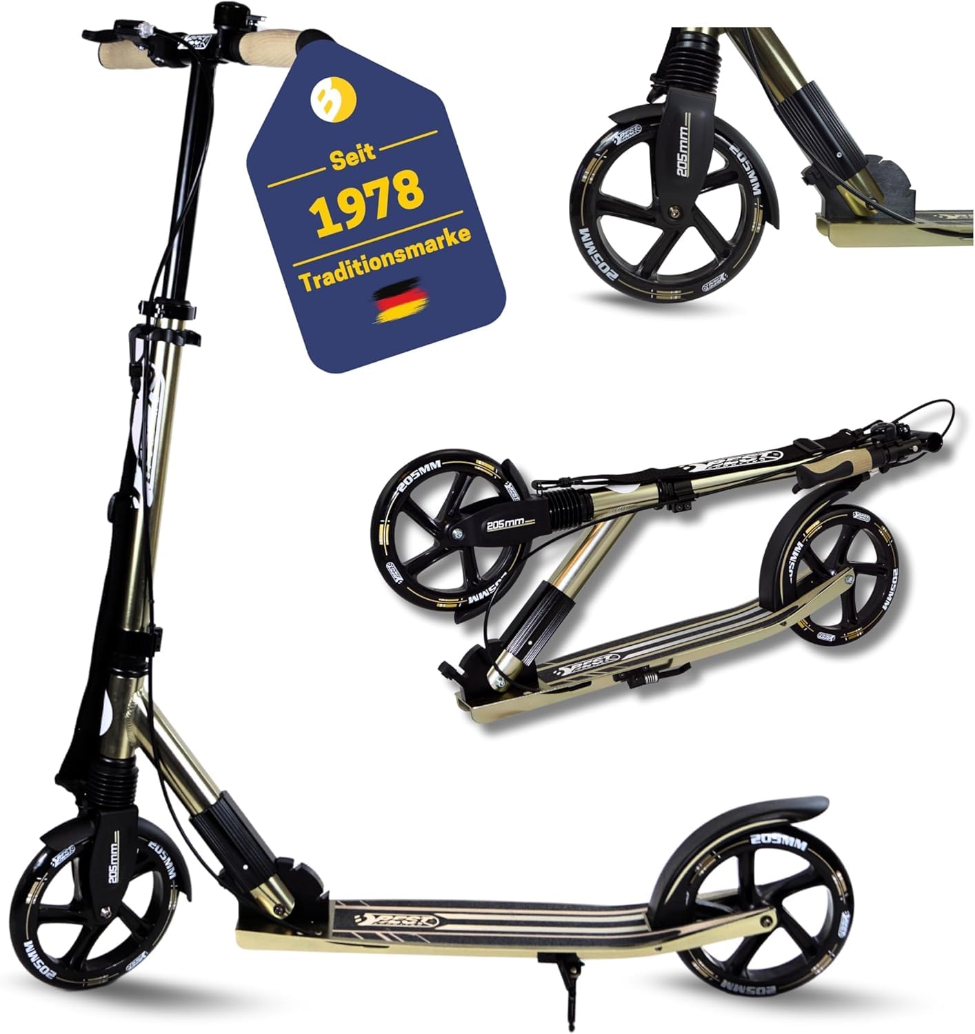 Best Sporting High End Scooter dla dorosłych, składana hulajnoga ze stojakiem, hamulcem ręcznym, dzwonkiem i paskiem do noszenia, hulajnoga miejska dla dorosłych I hulajnoga o rozmiarze rolki 205 mm