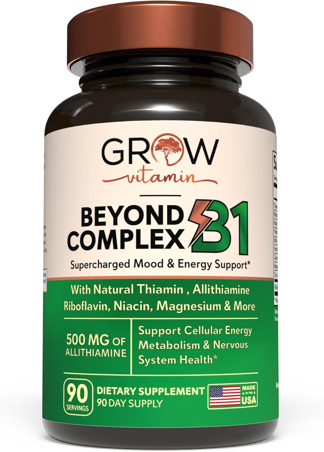 grow vitamin Beyond B1 Complex - Allithiamine Natural Vitamin B1 Supplement with Essential B-Vitamins, Thiamin, Niacin, Biotin, Magnesium & More - Supports Energy, Mood & Nervous System - 90 Capsules