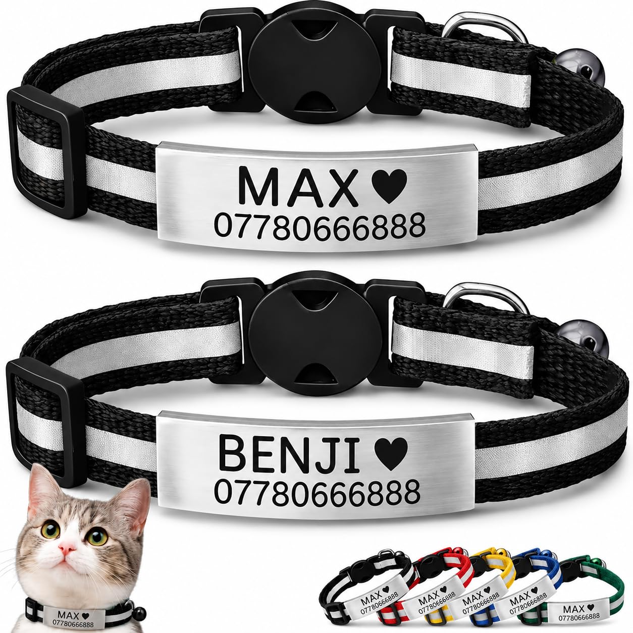 2 Pack Personalised Cat Collars with Engraved ID Plate, Name & Phone Number, Reflective Breakaway Safety Buckle, Adjustable Cat & Kitten Collar Set (Black, Silver Name Plate)