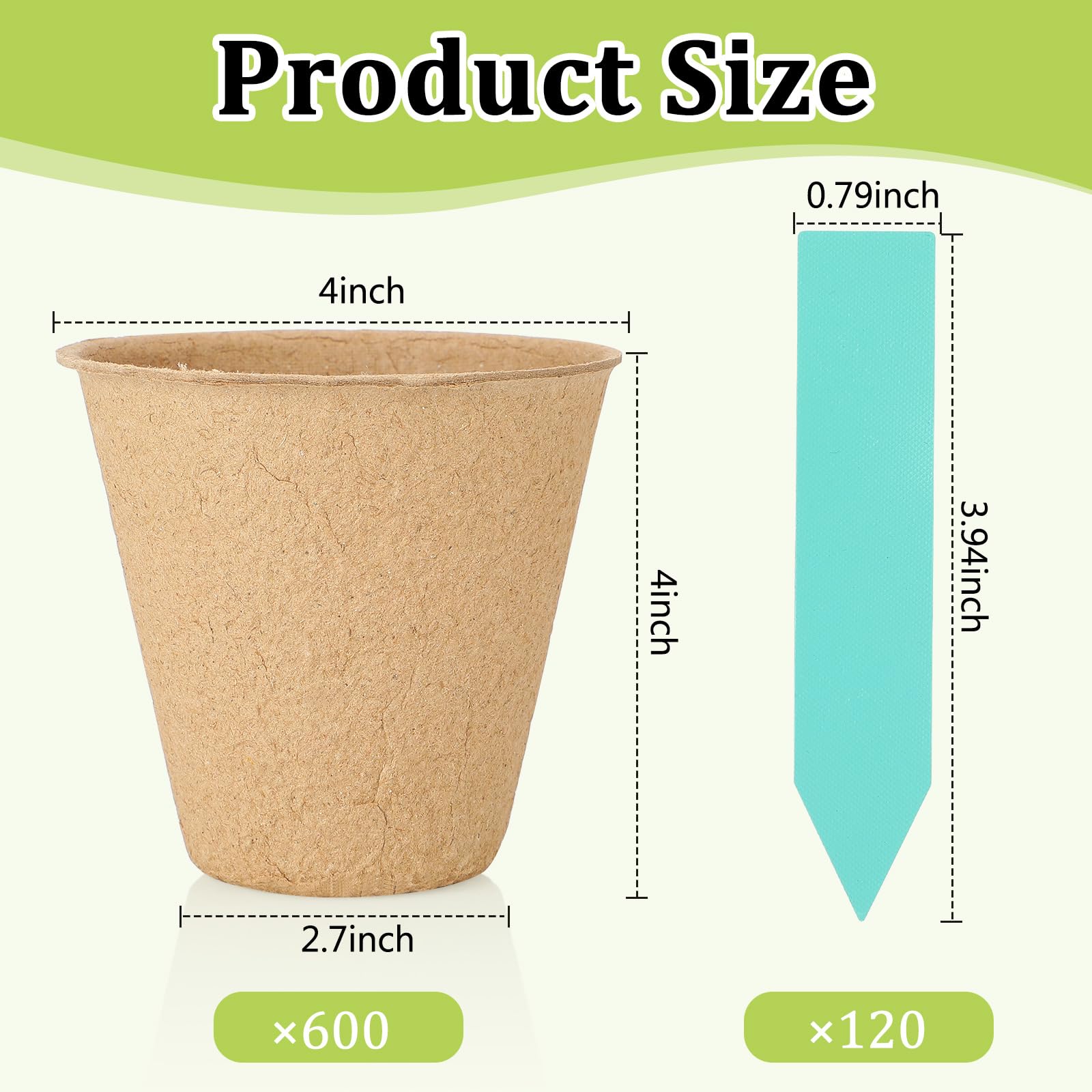 FillTouch Torftöpfe, rund, biologisch abbaubar, Pflanzen-Starter-Töpfe mit 120 Etiketten für Gartenkeimung, 600 Stück