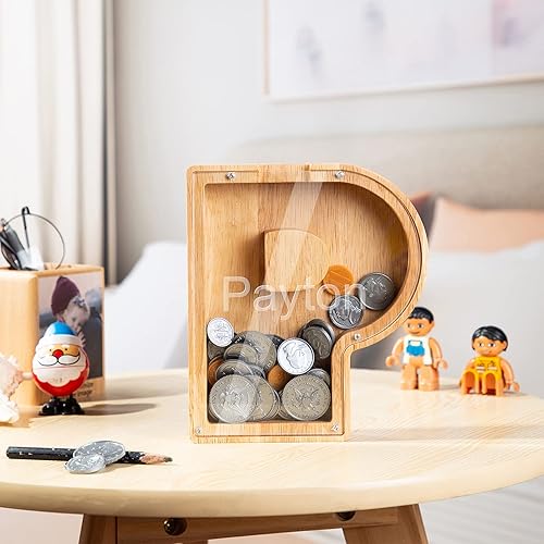 Miniatura 4 de Wooden Piggy Bank Personalized 26 English Alphabet Letter Coin Bank Custom Money Box Wooden Piggy Bank Gift for Kids Christmas Birthday Gift Home