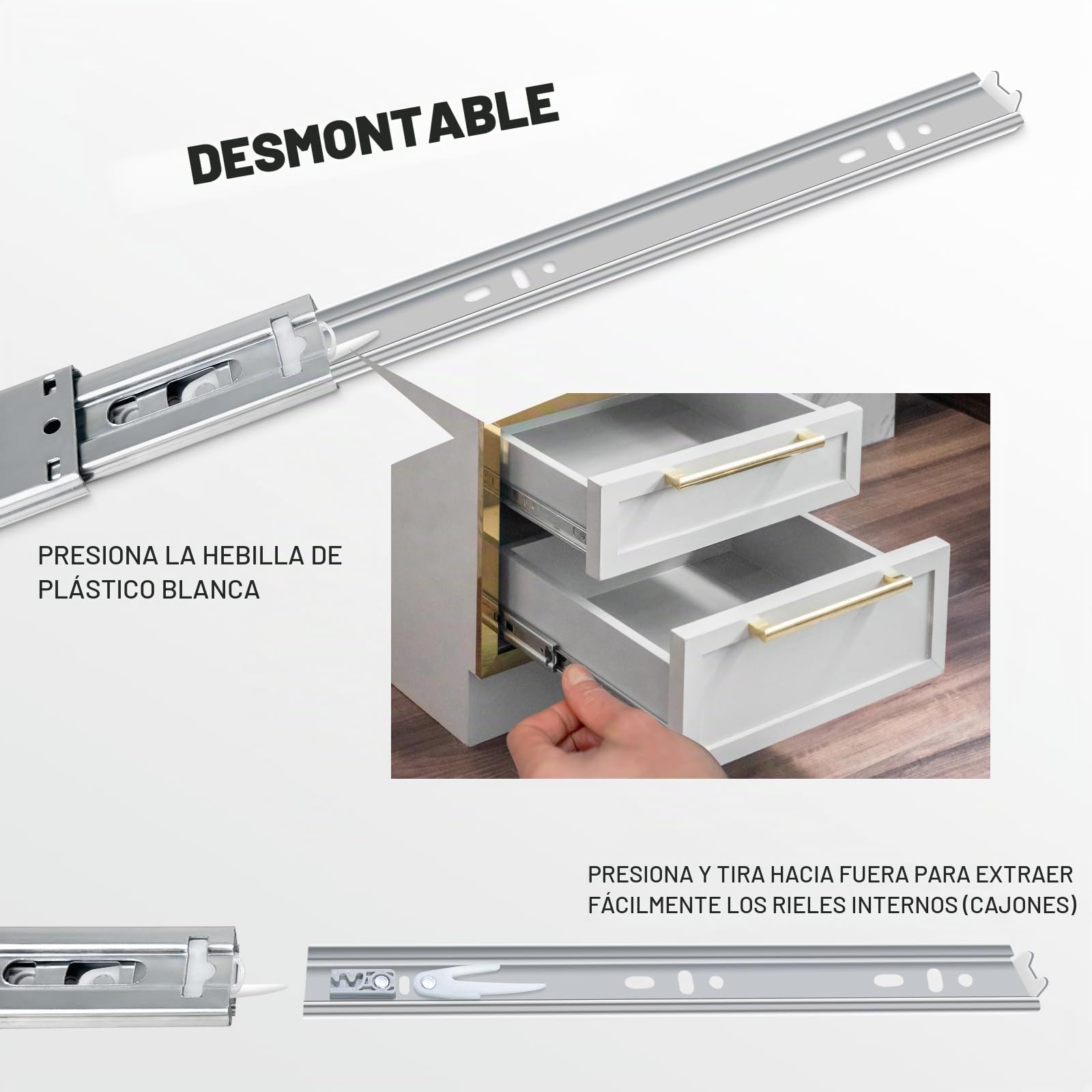 guias correderas para cajones 4 pares (8 piezas), 45 cm Guías para cajones de cierre automático suave, extensión completa con guías con rodamiento de bolas