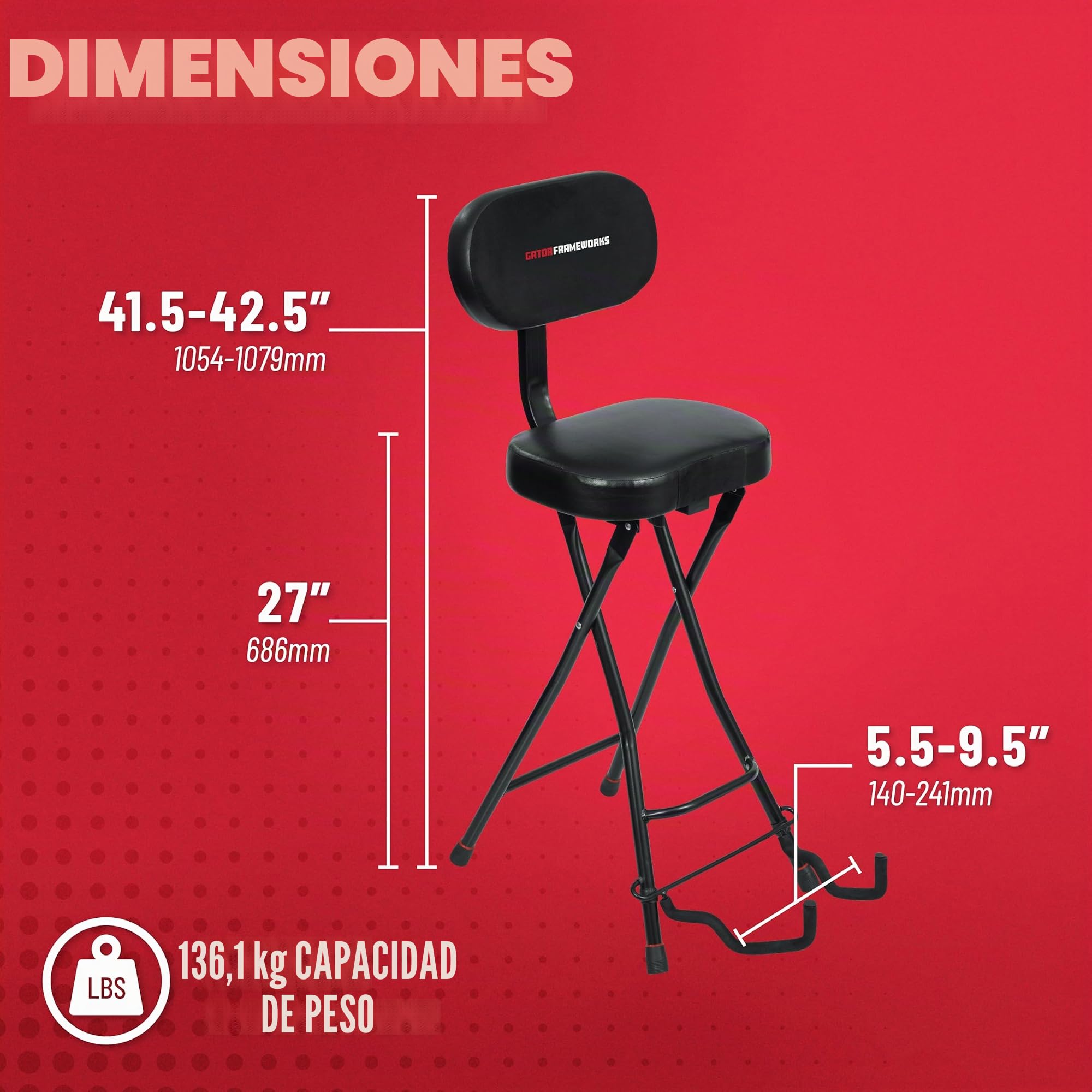 Gator Frameworks Asiento para Guitarra con cojín Acolchado, Respaldo ergonómico y Soporte para Guitarra abatible, Apto para Guitarras acústicas y eléctricas (GFW-GTR-Seat)
