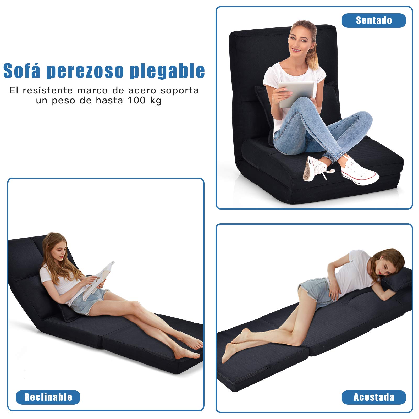 COSTWAY Sofá de Suelo con Respaldo Ajustable Silla Plegable con Función Reclinable y Cojín Lumbarde Asiento Meditación Carga hasta 100kg (Negro)