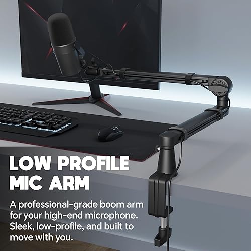 Miniatura 2 de CMTECK Brazo de brazo de micrófono, perfil bajo ajustable de 360, soporte de brazo de micrófono con abrazadera de montaje de escritorio, elevador