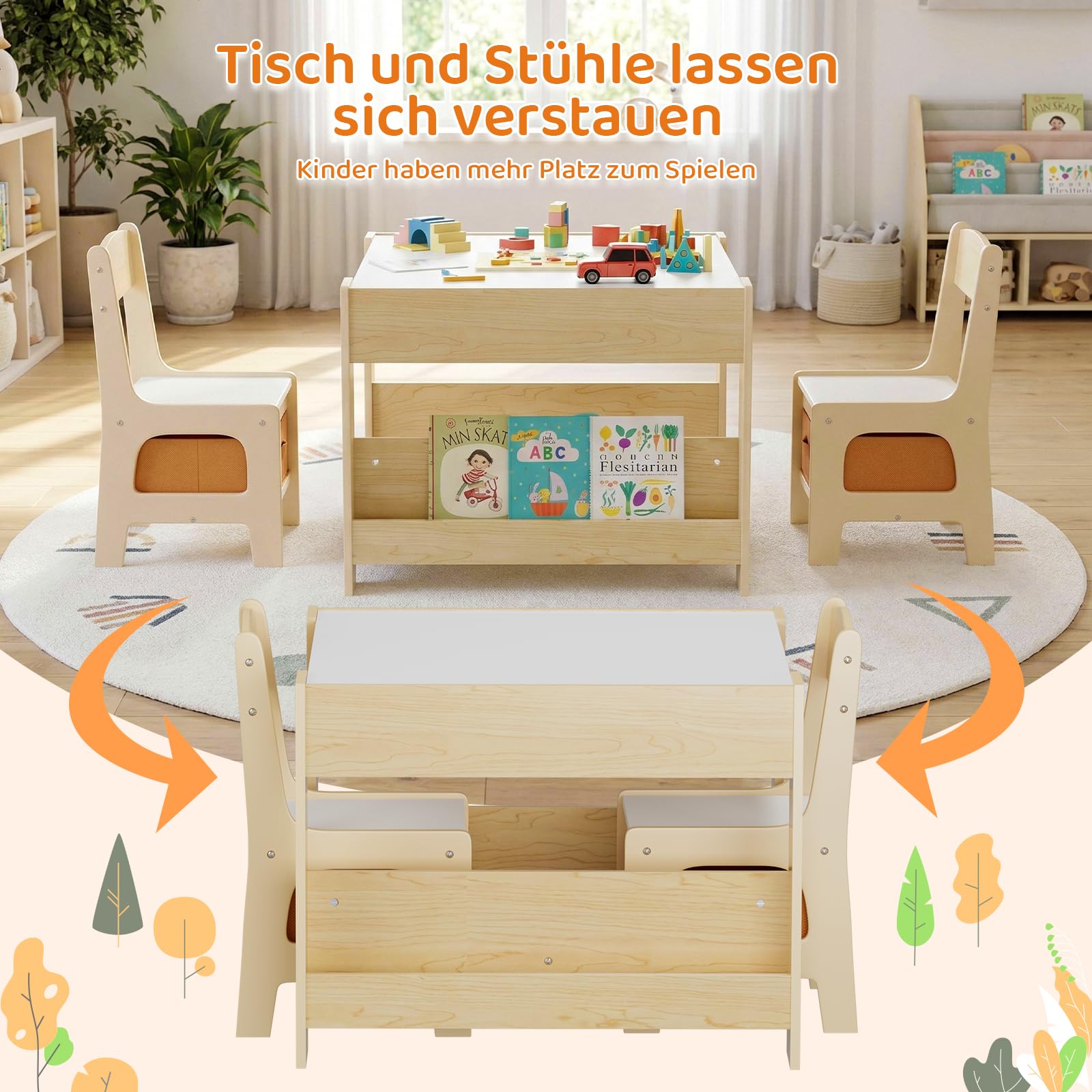 MAMIZO Kindertisch mit 2 PCS Stühlen, 3 in 1 Kinder Tisch Stuhl Set, Kindermöbel Set aus Holz mit Stauraum & Bücherregalen, Spieltisch & Aktivitätstisch, Maltisch, von 3-7 Jahren, Holzfarbe