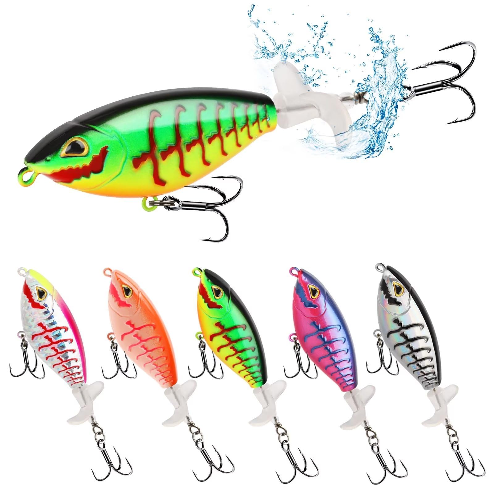 Dovesun 5PCS Topwater Fishing Lure for Bass Catfish Pike Perch Fishing Lure Top Water Bait for Bass Fishing with Propeller Tail Pencil Floating Lure for Freshwater Saltwater 3in 3.55in