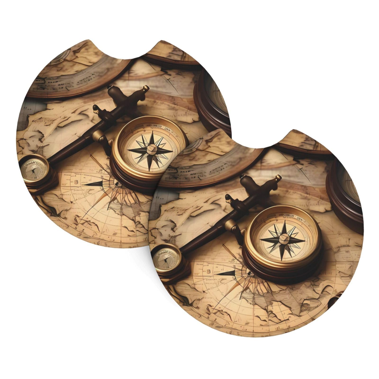 2 Pack Car Coaster for Cup Holders Compass and Old World Map Car Cup Coaster 2.7" Neoprene Non-Slip Automotive Cup Mat Universal Auto Car Interior Accessories for Women Men Cup Pad
