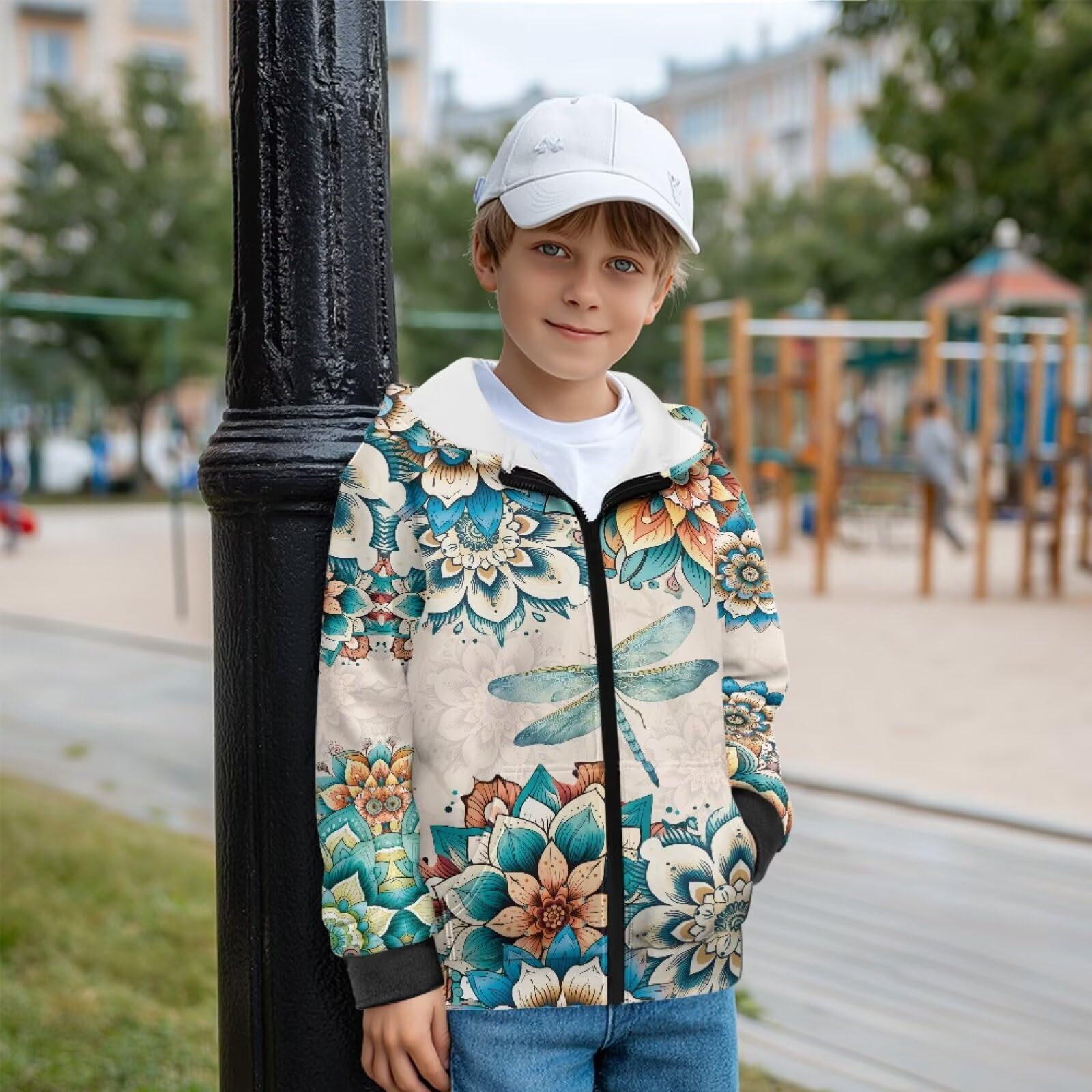 Bohema kwiatowy nadruk ważki dziecięce bluzy z kapturem zamek błyskawiczny bluza z przodu chłopcy dziewczęta kurtka z kieszeniami polar bluza z kapturem odzież uliczna do szkoły domu, XL