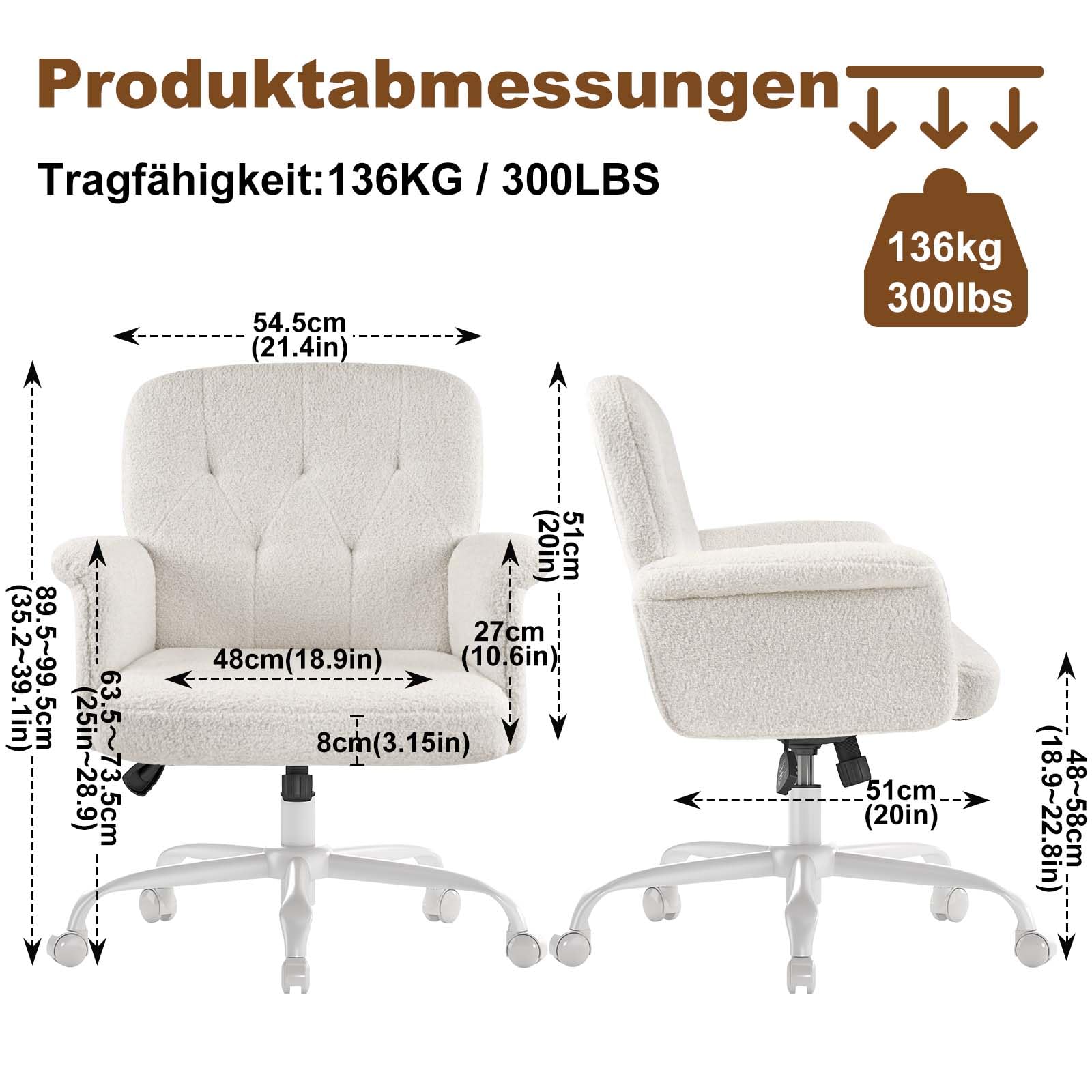Hausarbeitssessel, bequemer gepolsterter Schminkstuhl mit Rollen und Armlehnen, süßer Verstellbarer Drehstuhl aus Teddy-Velours für Wohnzimmer, Schlafzimmer, Make-up und Salon, Weiß