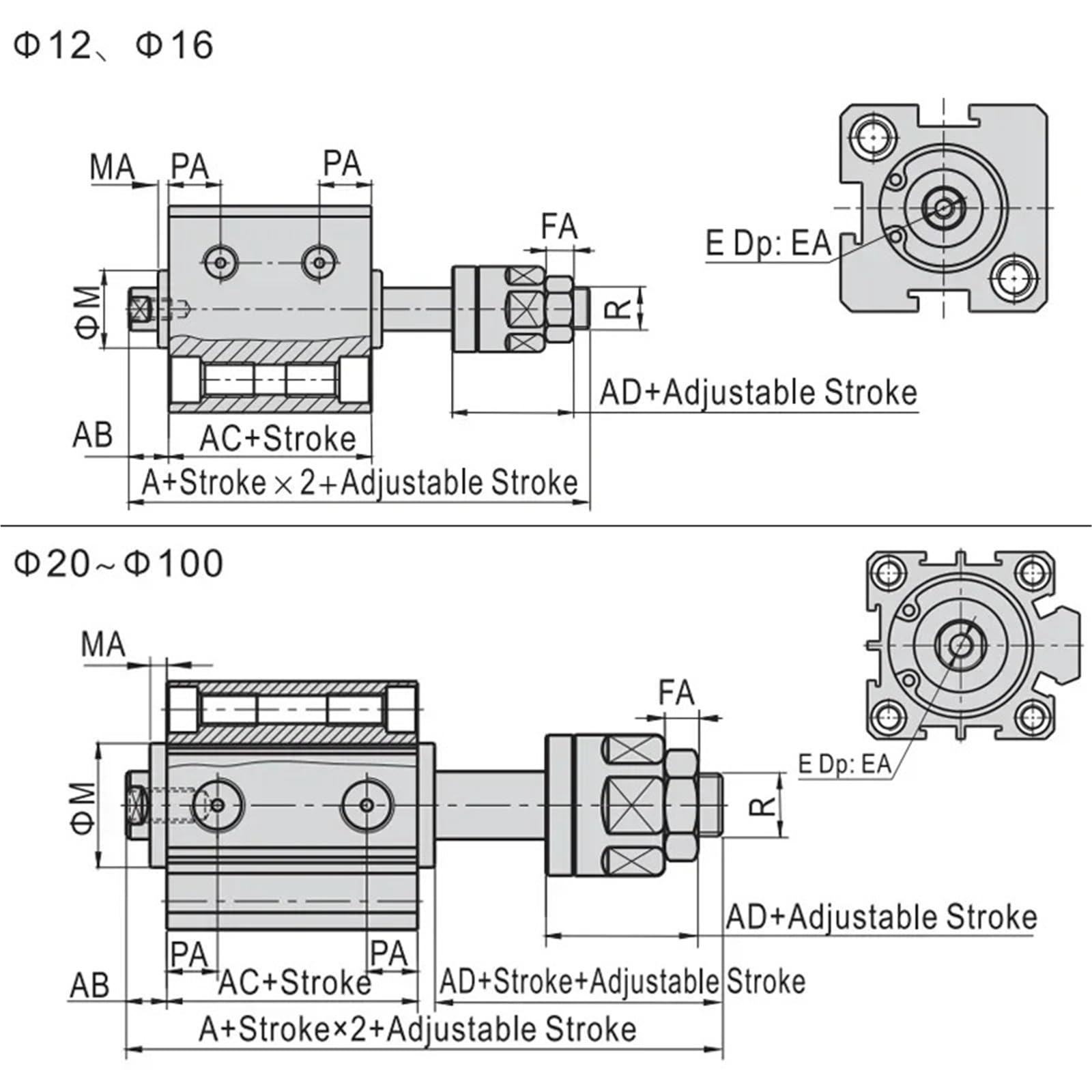 SDAJ20/25/32/40/50/63 tłok dwustronnego działania ze stopu aluminium regulowany skok kompaktowy cienki pneumatyczny cylinder pneumatyczny (skok 30-20 mm-S, otwór 32 mm)