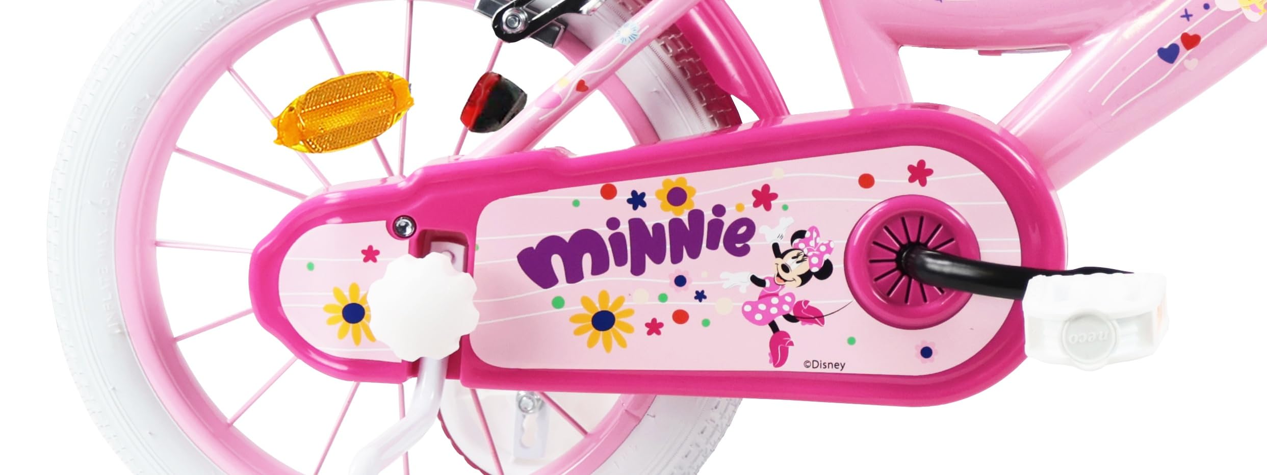 Vélo 14'' Fille Licence Minnie de Disney - 2 Freins Caliper - Pneus Gonflables - Panier Avant - Porte-poupée arrière - Garde-Boue et 2 Stabilisateurs, Rose