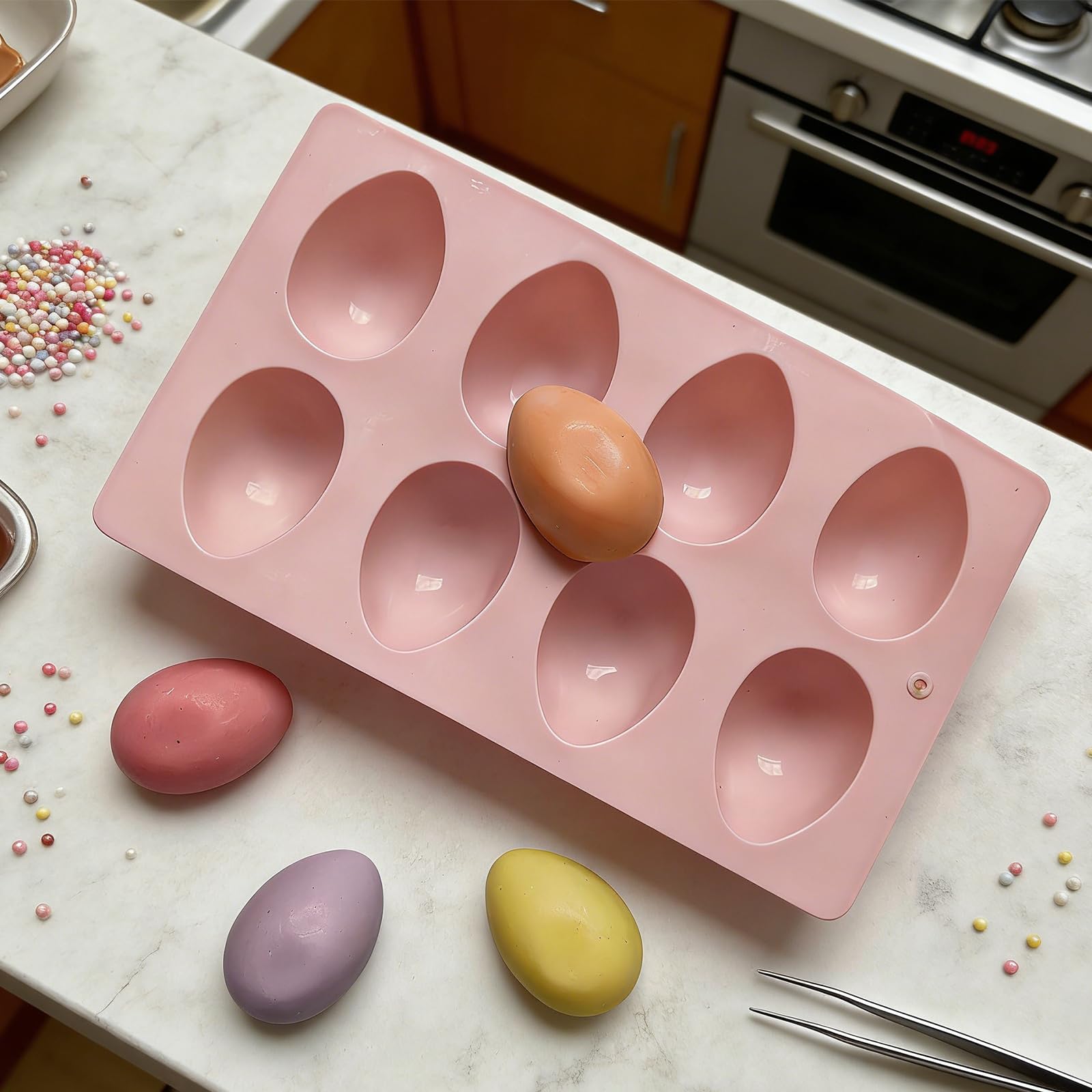 Confezione da 5 stampi in silicone per uova di Pasqua per cottura al forno, stampi per cioccolato a 8 cavità, antiaderenti, per congelatore, Mo