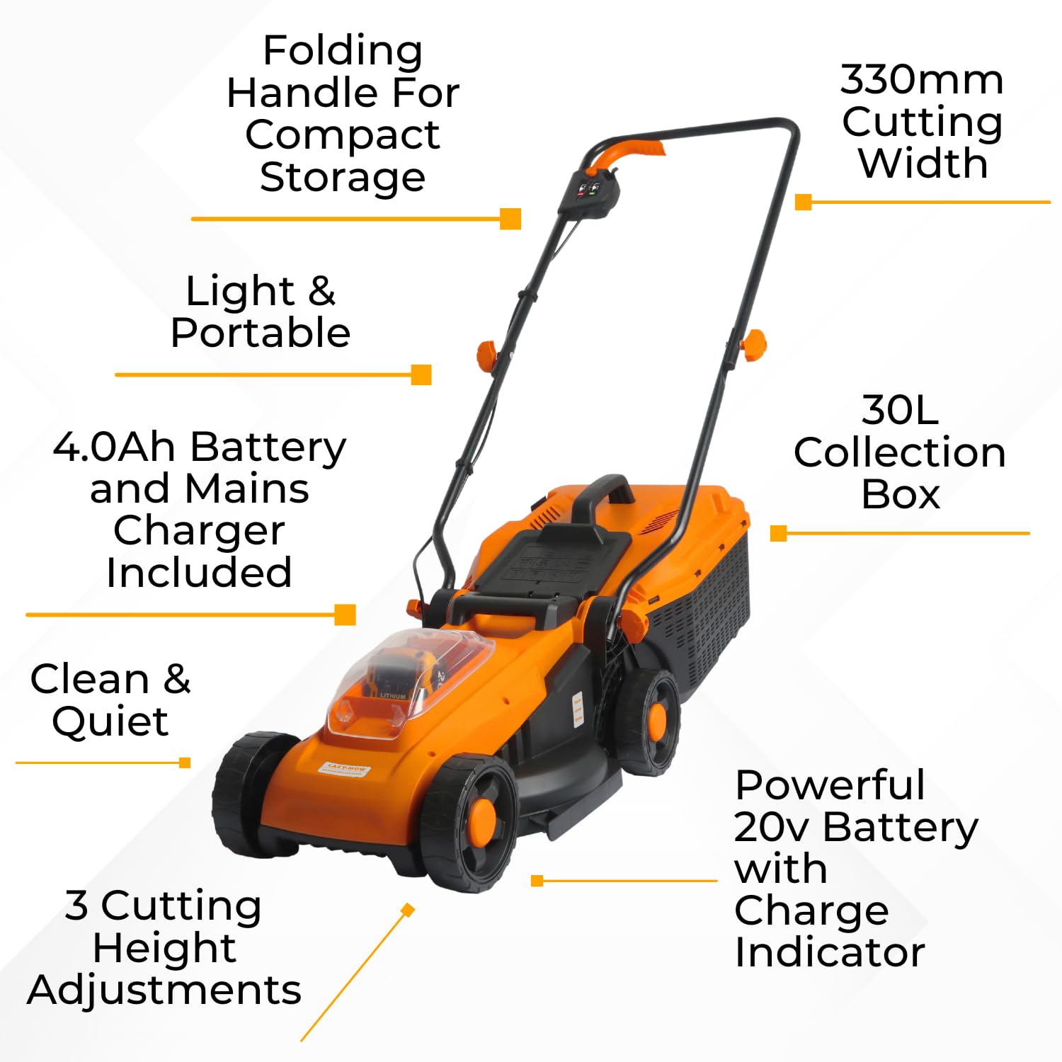 Tosaerba senza fili con batteria da 4,0 Ah e caricabatterie, larghezza di taglio 330 mm, 3 altezze di taglio da 25 mm a 65 mm, scatola di raccolta da 30 litri, leggero e compatto (tosaerba e batteria