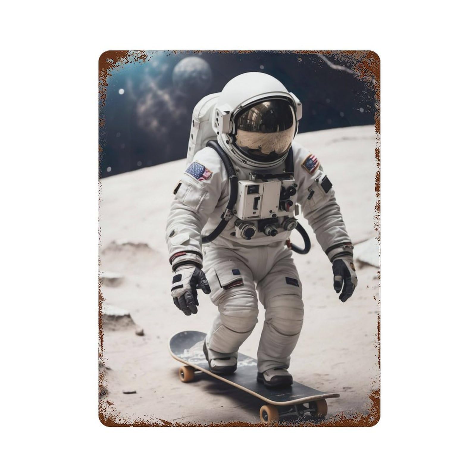 Astronaut Skateboard Vintage Metal Tin Sign 15.7"x11.8", Ideal for Cafe, Home Bar And Lounge Decor