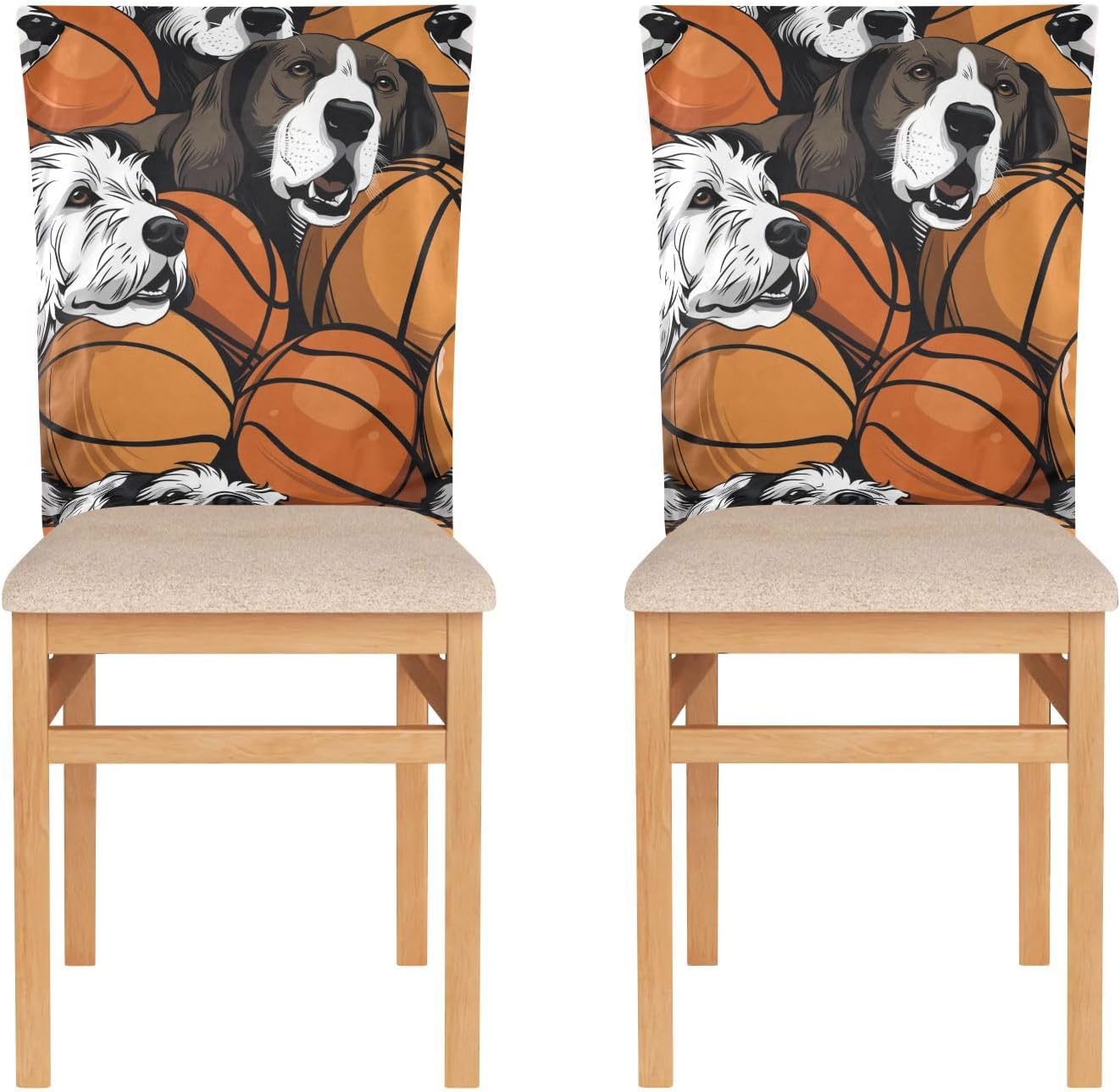 ALAZA Dogs and Basketballs Chair Back Cover Set of 6, Washable Reusable Removable Chair Slipcovers Decorative Chair Cover for Home Kitchen Wedding Party