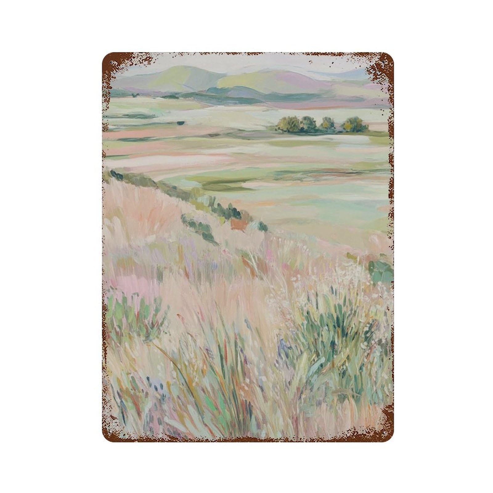 xiaoxiaoshen Pastel Landscape Soft Countryside Meadow Painting Serene Field Calming Nature Be Wall Decor Art Metal Tin Poster Modern Home Decor Art Home Bar Shop Decorations Vintage Sign 40x30cm
