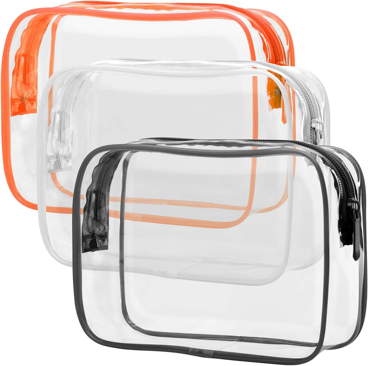 PACKISMClear Toiletry Bag, 3 Pack TSA Approved Toiletry Bag Quart Size Bag, Travel Makeup Cosmetic Bag for Women Men, Carry on Airport Airline Compliant Bag, Black, White, Orange, 3 Pack