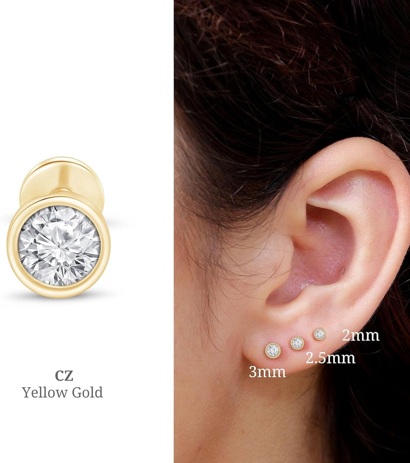 Flat Back Earring in 14K Yellow Gold - Internally Threaded & Hypoallergenic SINGLE Stud for Women - Pink Opal Round Cubic Zirconia Gemstone Jewelry for Lobe, Helix, Conch, Tragus & Cartilage Piercing