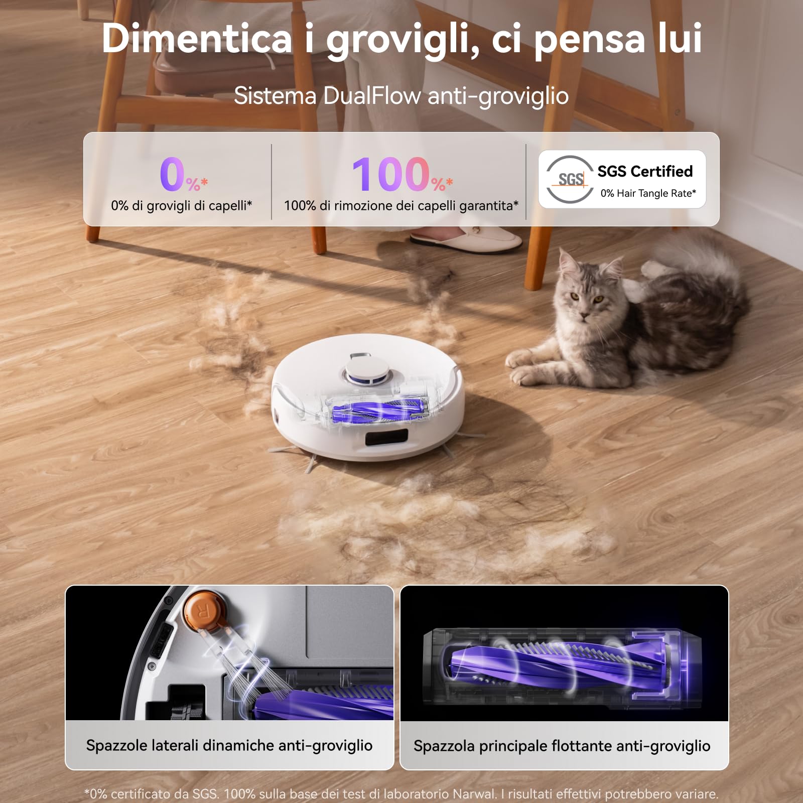 NARWAL Freo Z10 Robot Aspirapolvere e Lavapavimenti con Sistema Anti-Groviglio, 15.000Pa, Lavaggio 75°C, Asciugatura, Sollevamento Auto, Autosvuotamento, Evita Ostacoli, per Peli Animali