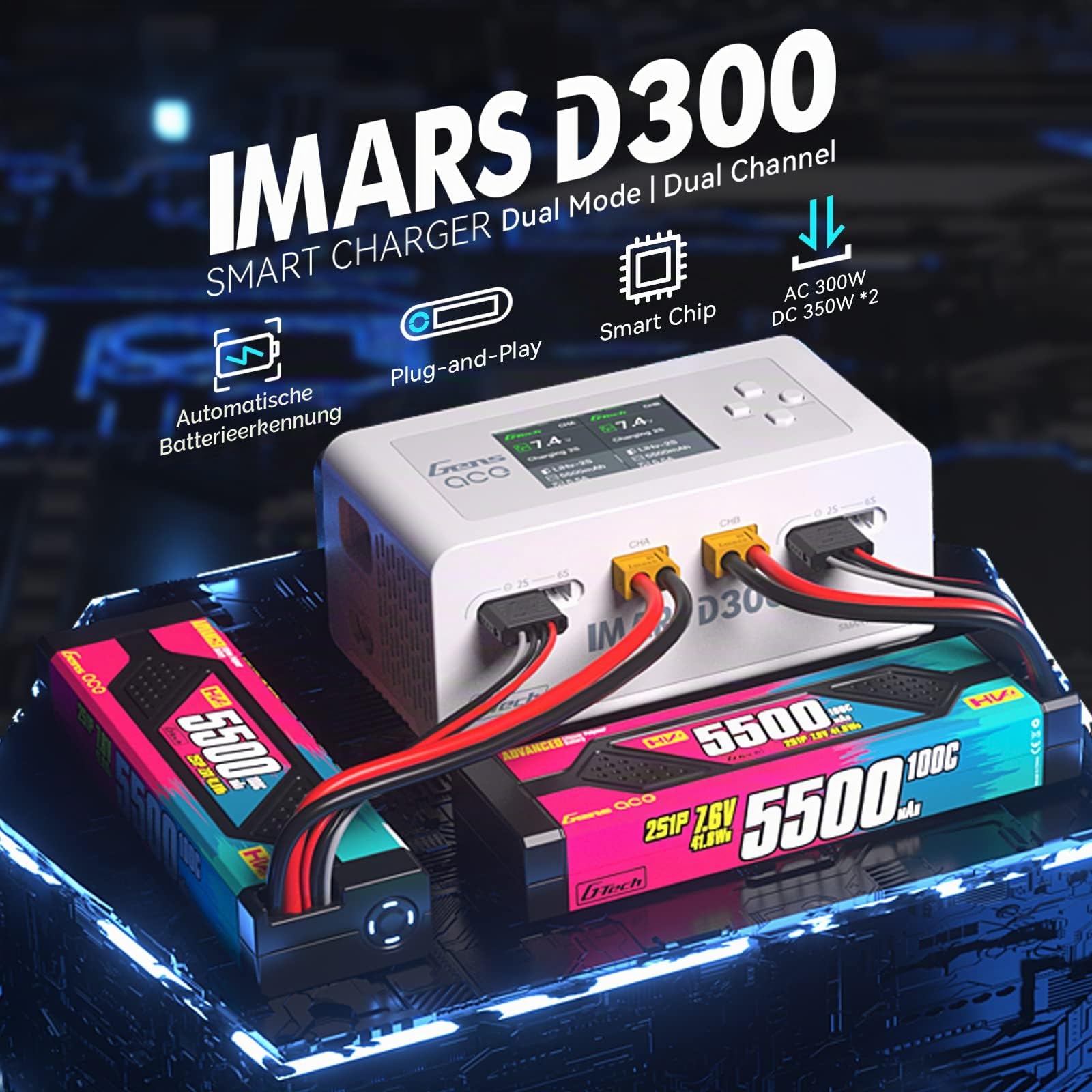 Gens ace Imars D300 Dual-Kanal Ladegerät AC 300W / DC 350Wx2 für RC LiPo/Life/NiMH Batterien, mit Deans, T, XT60, EC3, EC5 Steckern, Balancefunktion