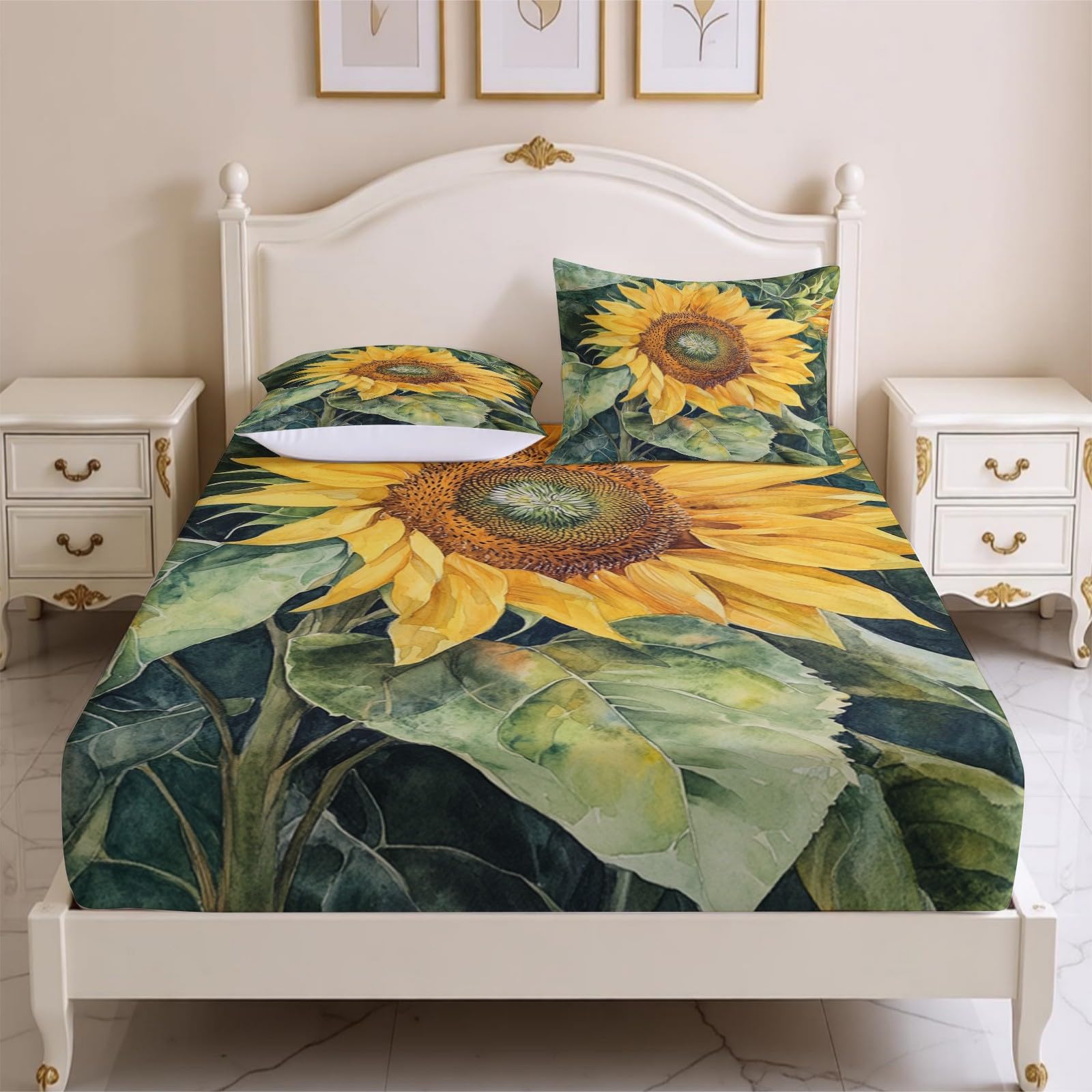 Lenzuolo con Angoli 180 x 200 cm Microfibra Girasole ad acquerello Lenzuolo Sotto Elasticizzato Profondo 25 cm giallo per Singolo e Matrimoniale