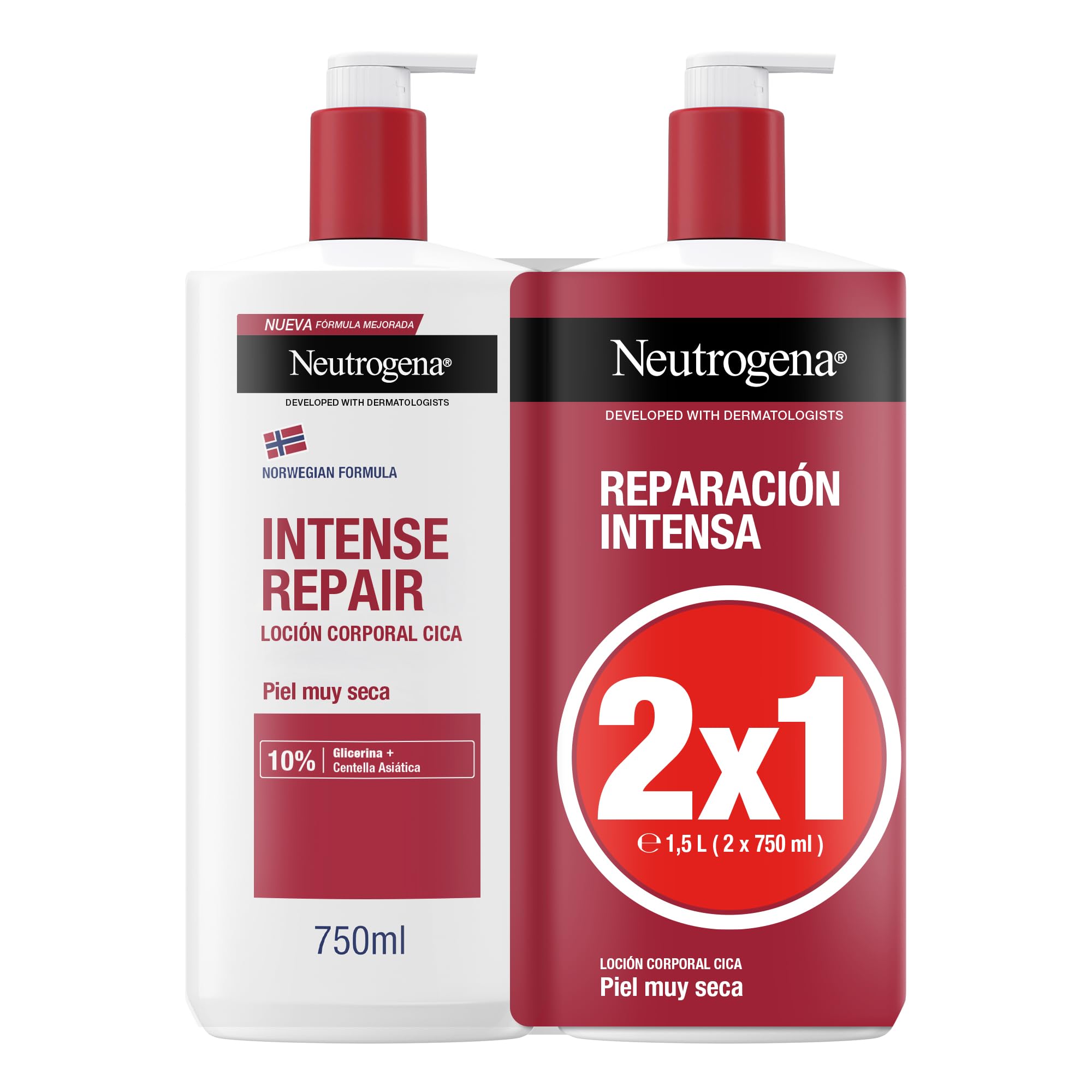 Neutrogena Fórmula Noruega Loción Corporal CICA Reparación intensa para piel seca (Pack de 2 x 750 ml), crema hidratante corporal reparadora con centella asiática