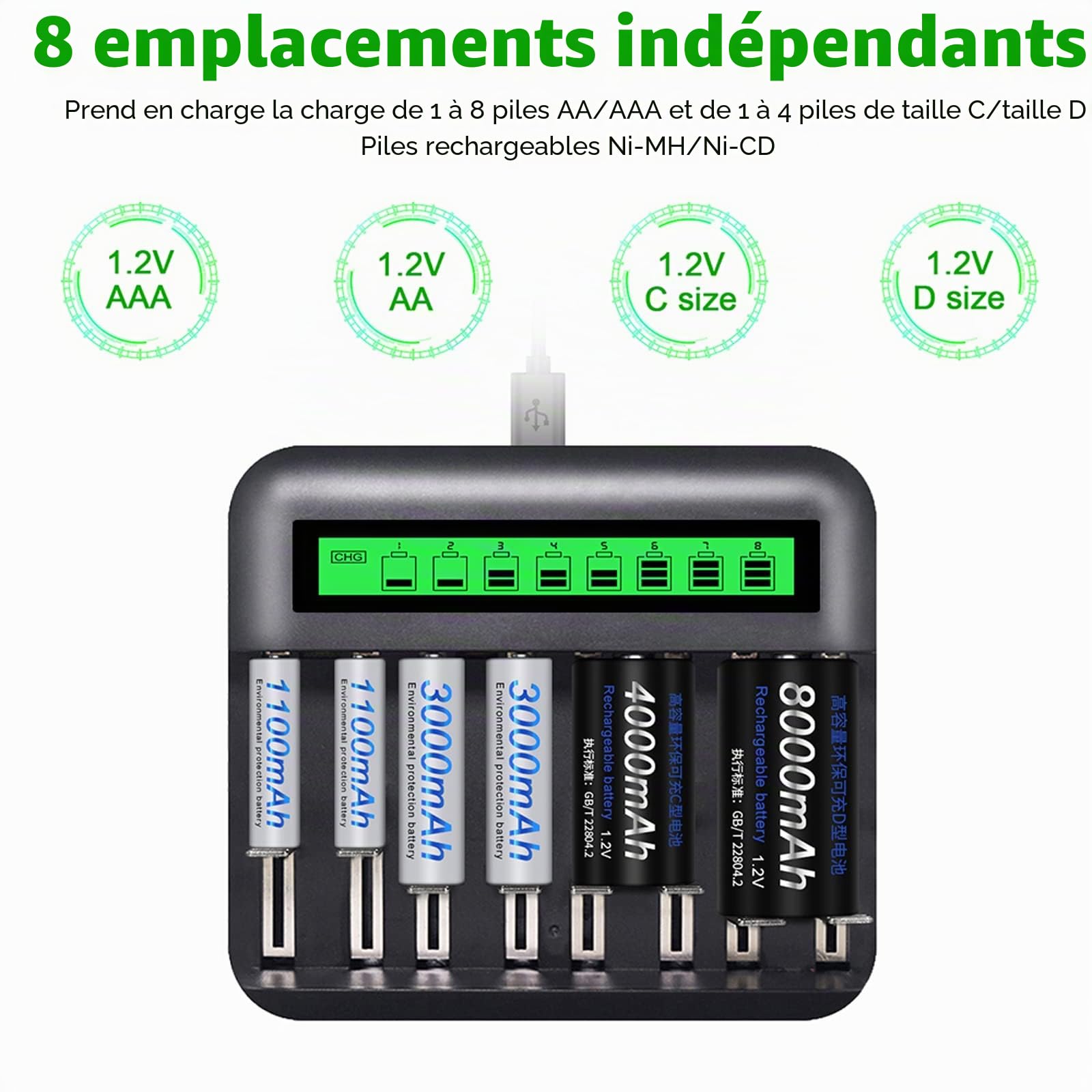 CITYORK 4pcs D Cell 8000mAh Piles Rechargeables avec 8 Fentes AA/AAA/C/D Ni-MH Chargeur de Batterie Ni-CD