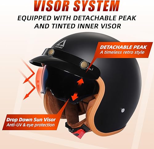 Miniatura 3 de TRIANGLE Casco de motocicleta 34, casco retro de cara abierta para adultos con visera, casco de ciclomotor de media cara para hombres y mujeres,