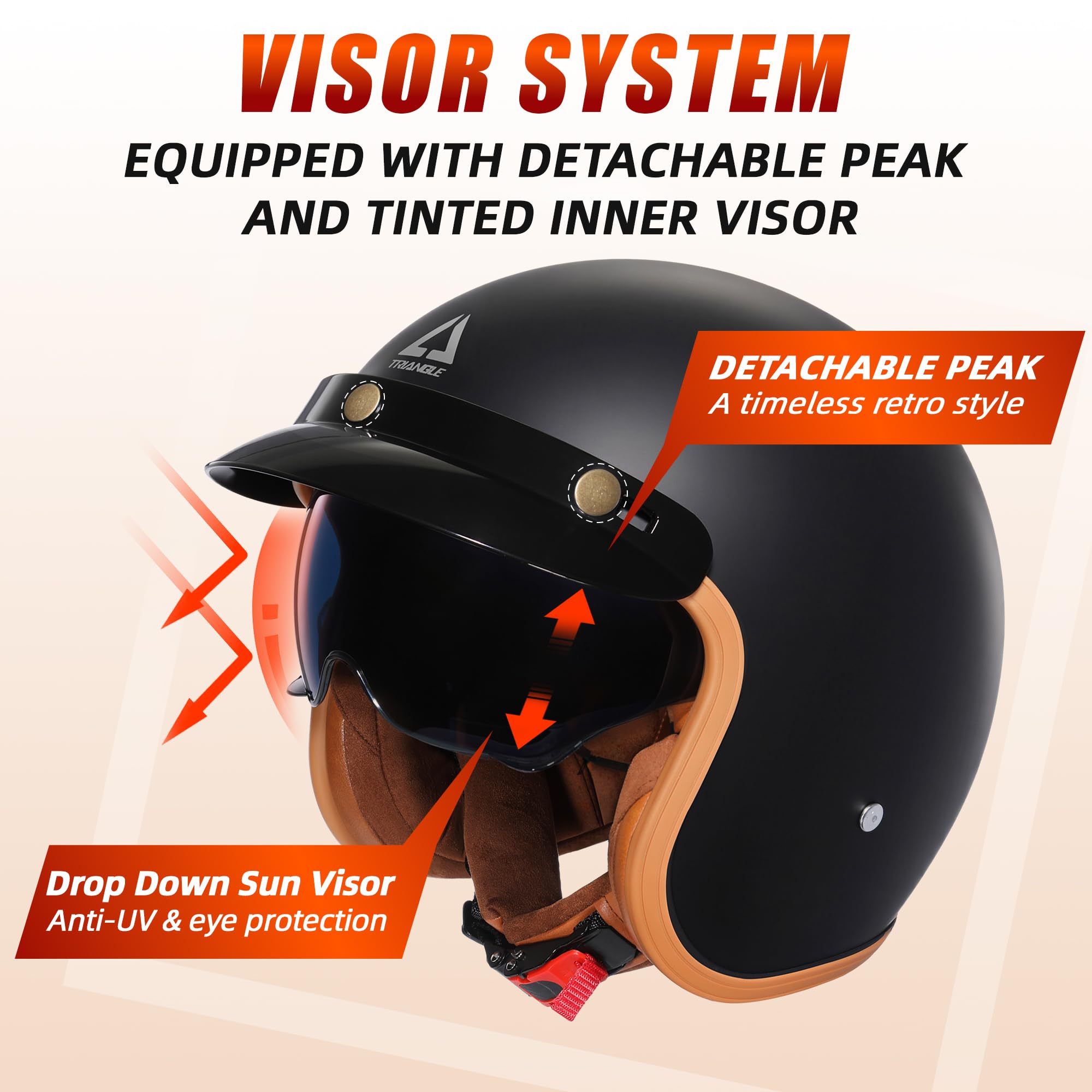 TRIANGLE 3/4 Open Face Motorcycle Helmet DOT Approved Retro Cruiser Moped