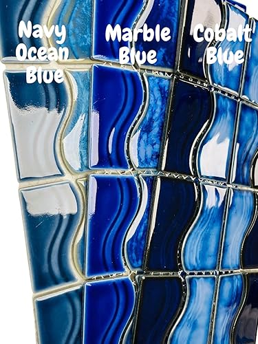 Miniatura 4 de Tenedos Alineación de porcelana ondulada azul marino con borde de pared y baldosas de suelo sobre malla de 6 x 12 pulgadas montado para una fácil