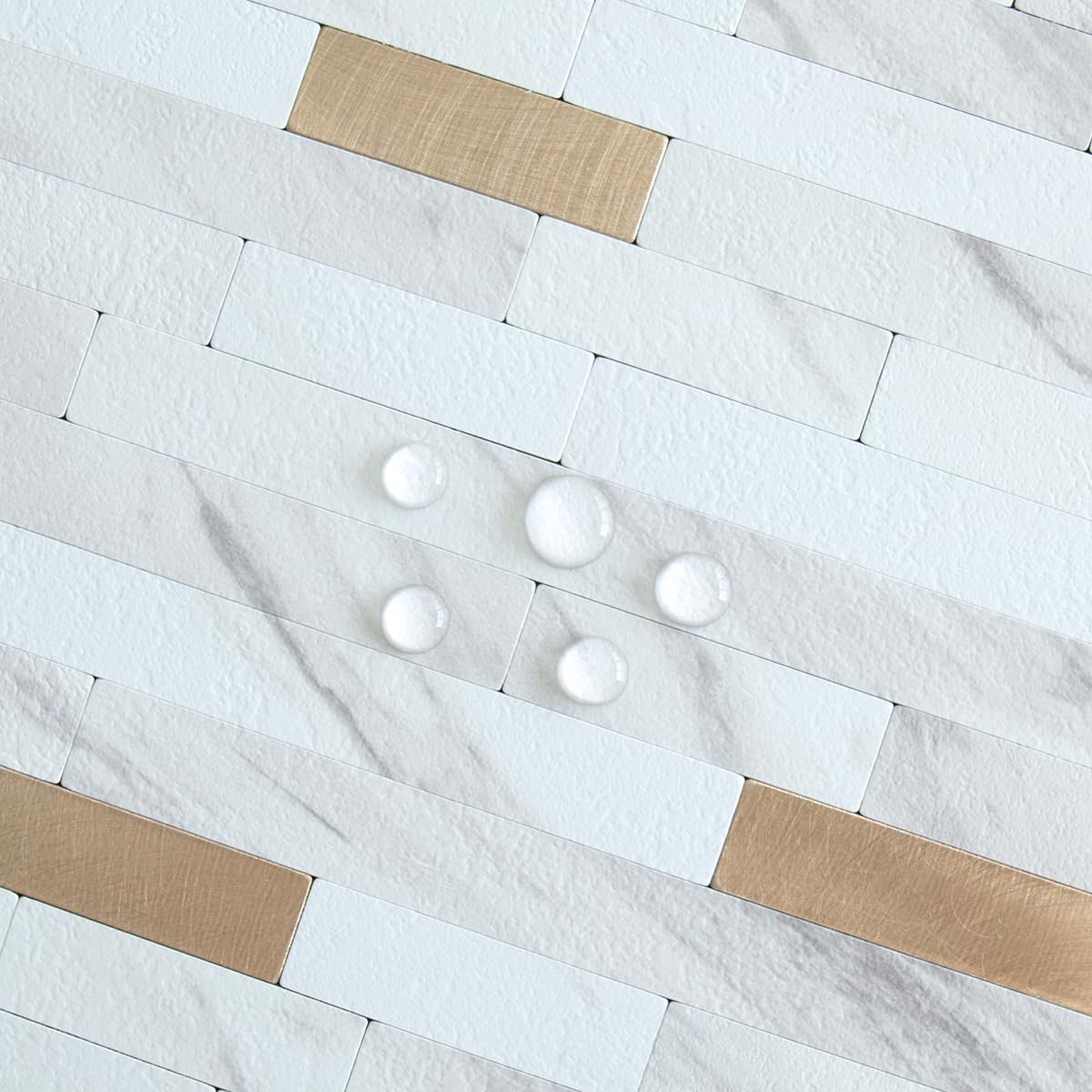 AULIGET 20 Sheets Faux Stone White Marble Peel and Stick Backsplash, PVC Mixed Metal Champagne Gold Wall Tile Stick on Backsplash for Kitchen and Bathroom - 4