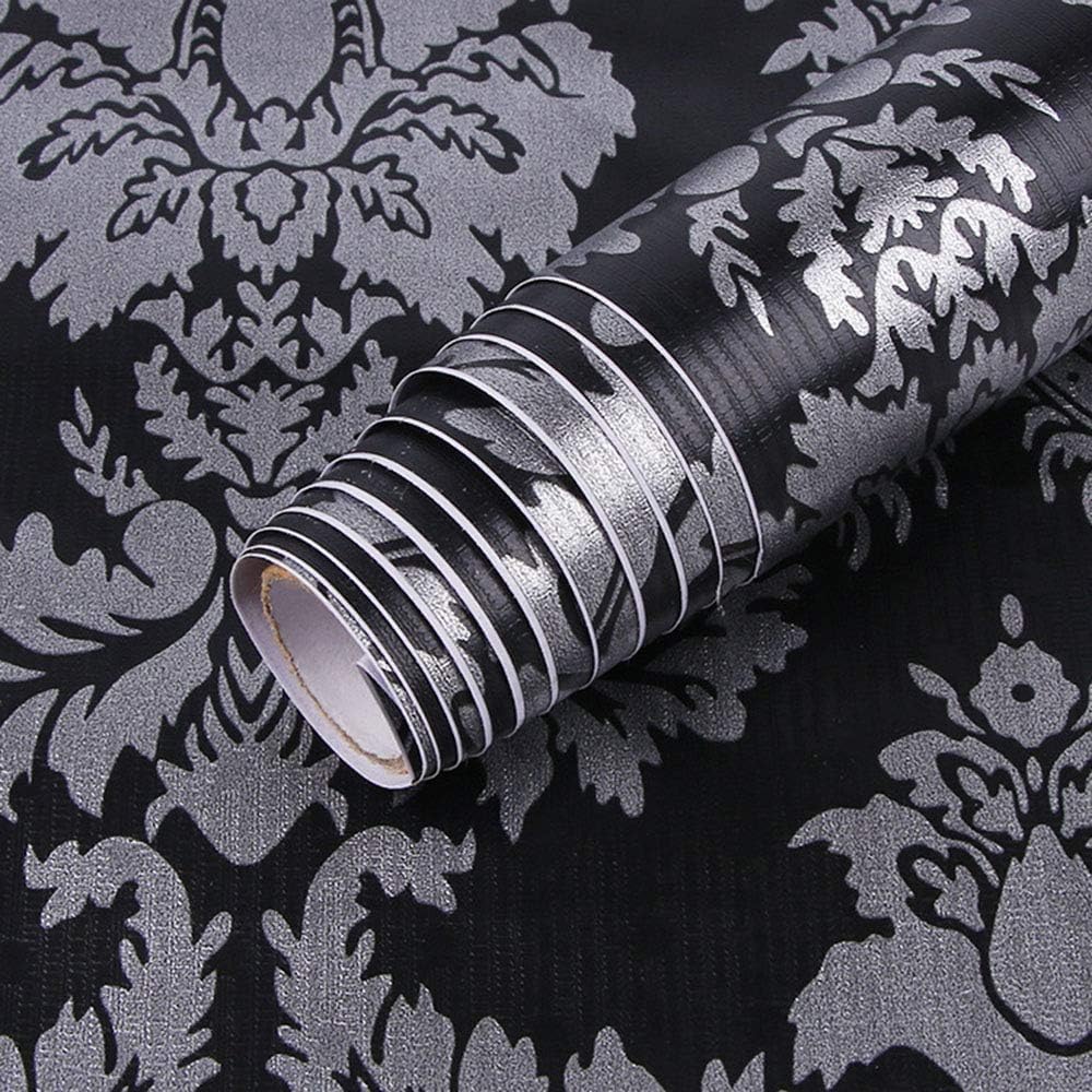 ONE2ONE ENTERPRISES Black Silver Damask Vinyl Wallpaper, Embossed Thick Decorative Wall Covering, Waterproof Wall Paper for Accent Walls & Modern Home Decor 16 x 120 Inch