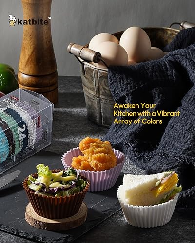 Miniatura 7 de Katbite - Paquete de 24 tazas de silicona para hornear cupcakes, reutilizables, antiadherentes, resistentes, forros de silicona para hornear