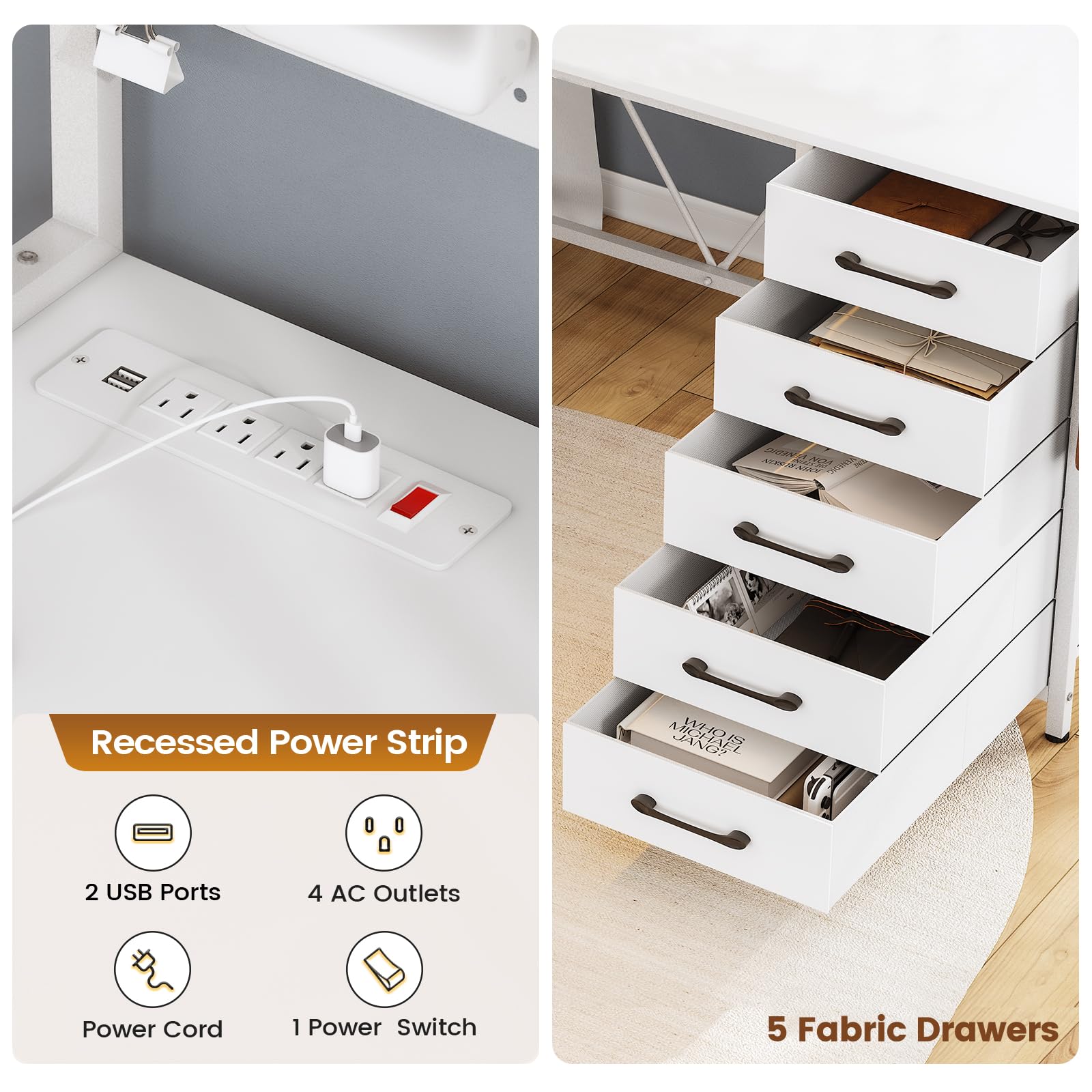 SEDETA L Shaped Gaming Desk with Drawers, L Shaped Computer Desk with Hutch and Storage Shelves, Gaming Desk with Pegboard, Led Lights, and Power Outlet, Home Office Desk, Corner Desk,