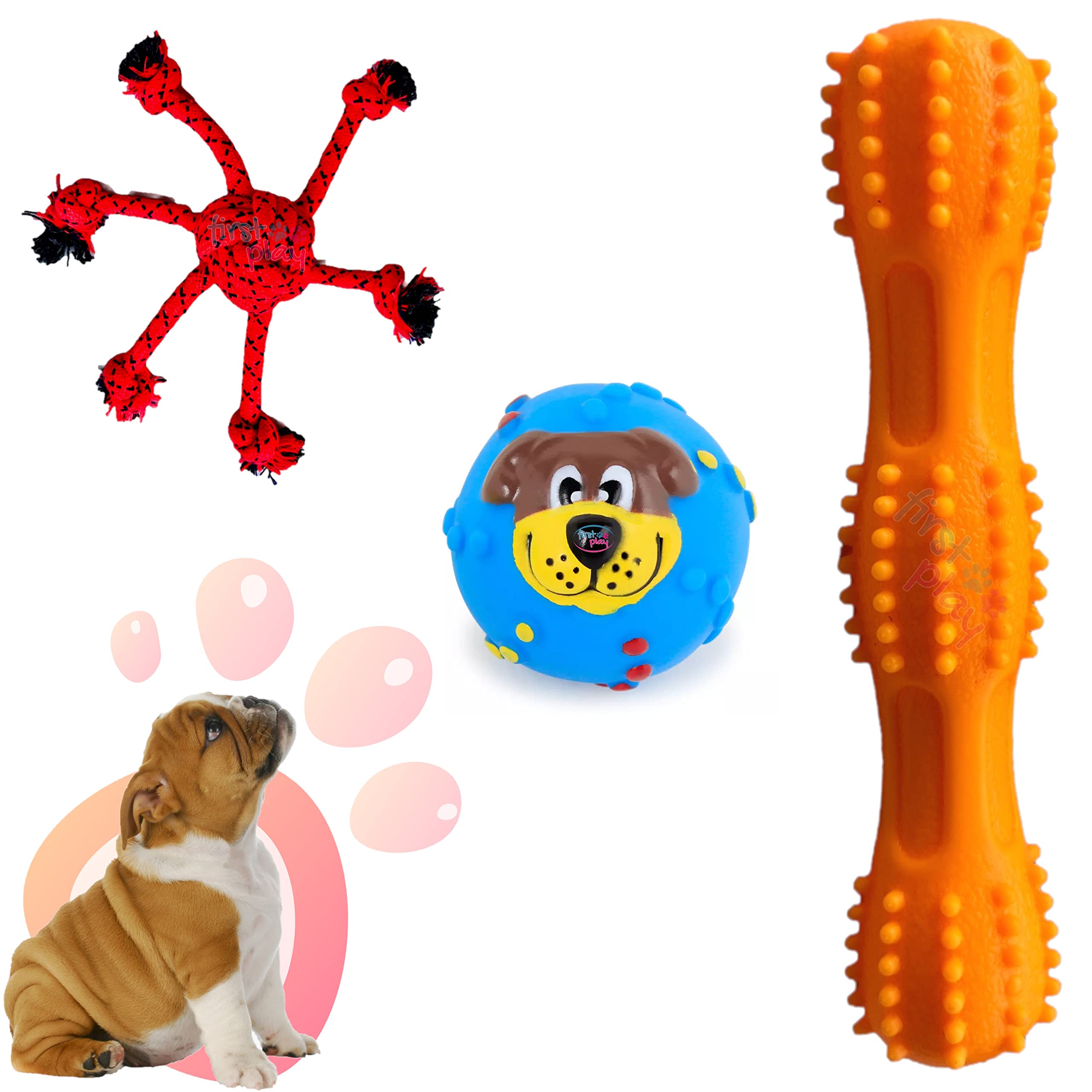 First Play Dog Toys Combo of 3 Chew Toys for Dogs I Dog Spike Bone+Dog Ball + Rope Toys for Dogs & Puppies Teething Toys I for Dental Cleaning & Playing for Adult, Small & Medium Dogs (B0BNVMRR4M) Amazon Price History, Amazon Price Tracker