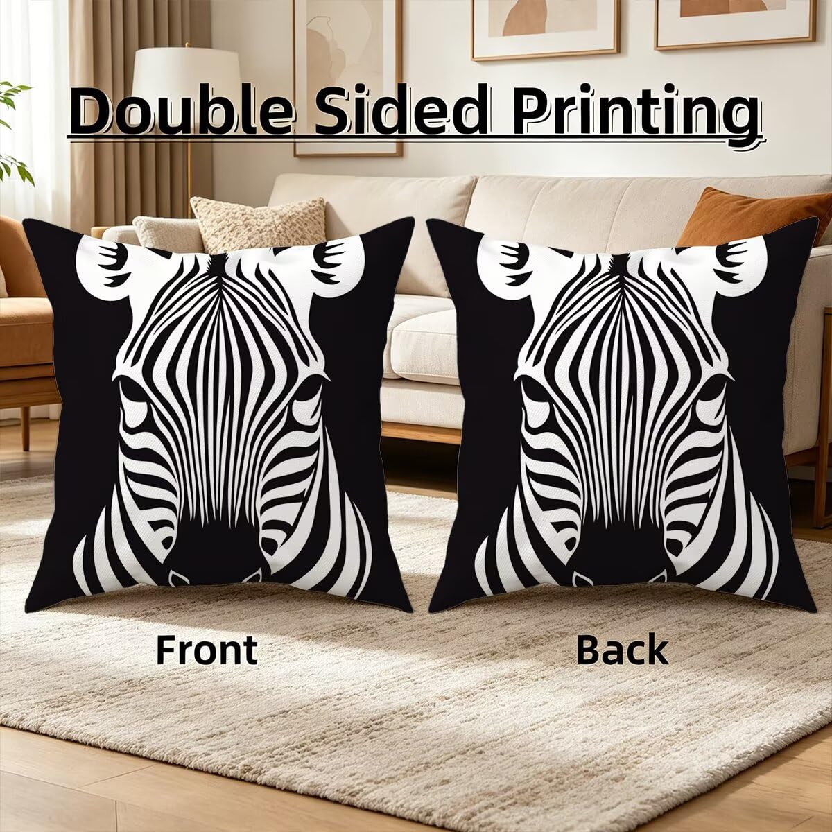 Federe Cuscino Divano 60x60 cm, Nero Cuscini per Divano da Esterno Set da 4, Lino Copricuscini Divanos Impermeabile, Copri Cuscini Zebra Motivo Fronte Retro Stampato per Giardino, Sofá, Balcón, F-93