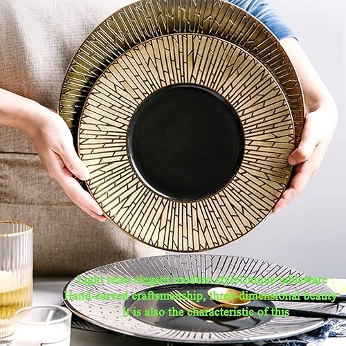 Miniatura 5 de MAXLYA Juego de platos de cena, moderno plato plano de cerámica dorada en relieve dorado con patrón de bambú tridimensional, placa de comedor para