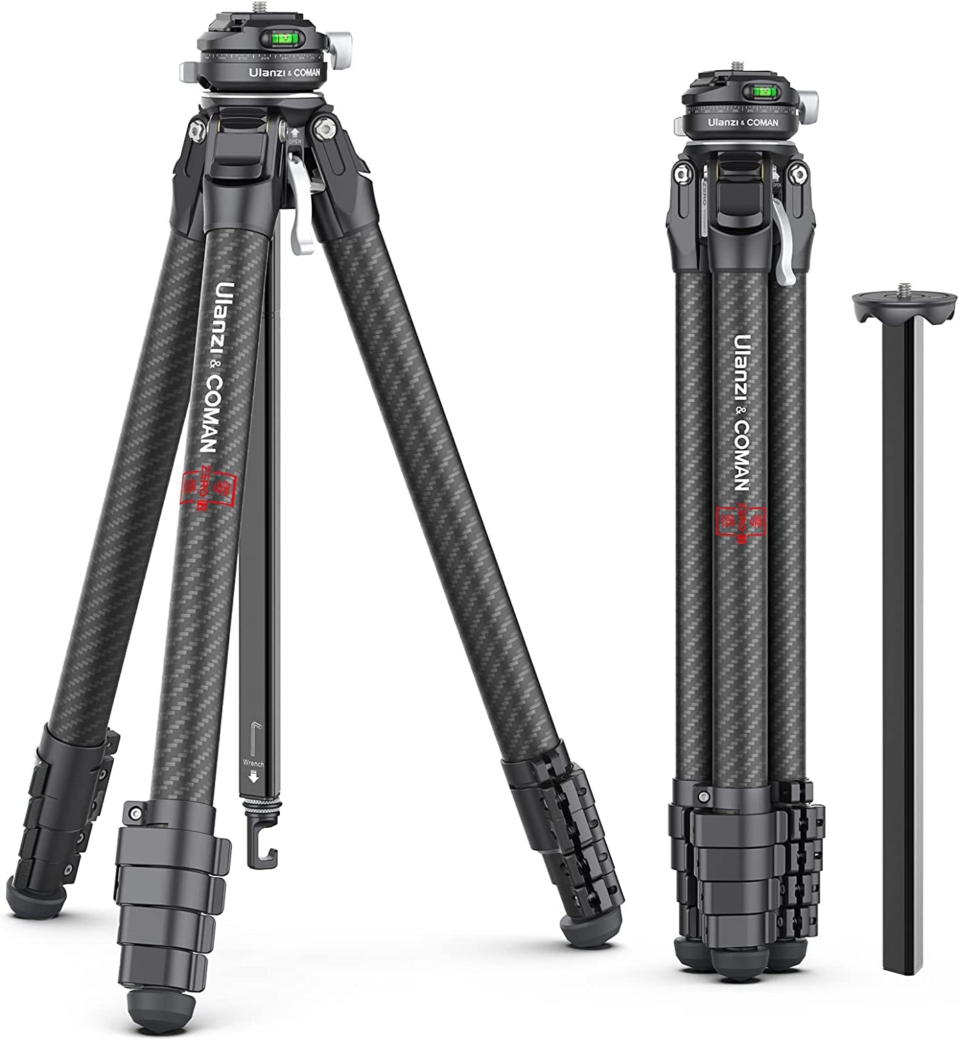 Ulanzi & COMAN Zero F38 Statyw podróżny z włókna węglowego Quick Release | Głowica obrotowa | Długość przechowywania 42 cm | Wysokość 15,3-159 cm | Ładowność 18 kg | + kolumna środkowa