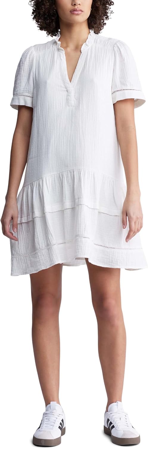 Buffalo David Bitton Women's Zinnia Knee Length Short Sleeve V-Neck Ruffle Tier Dress