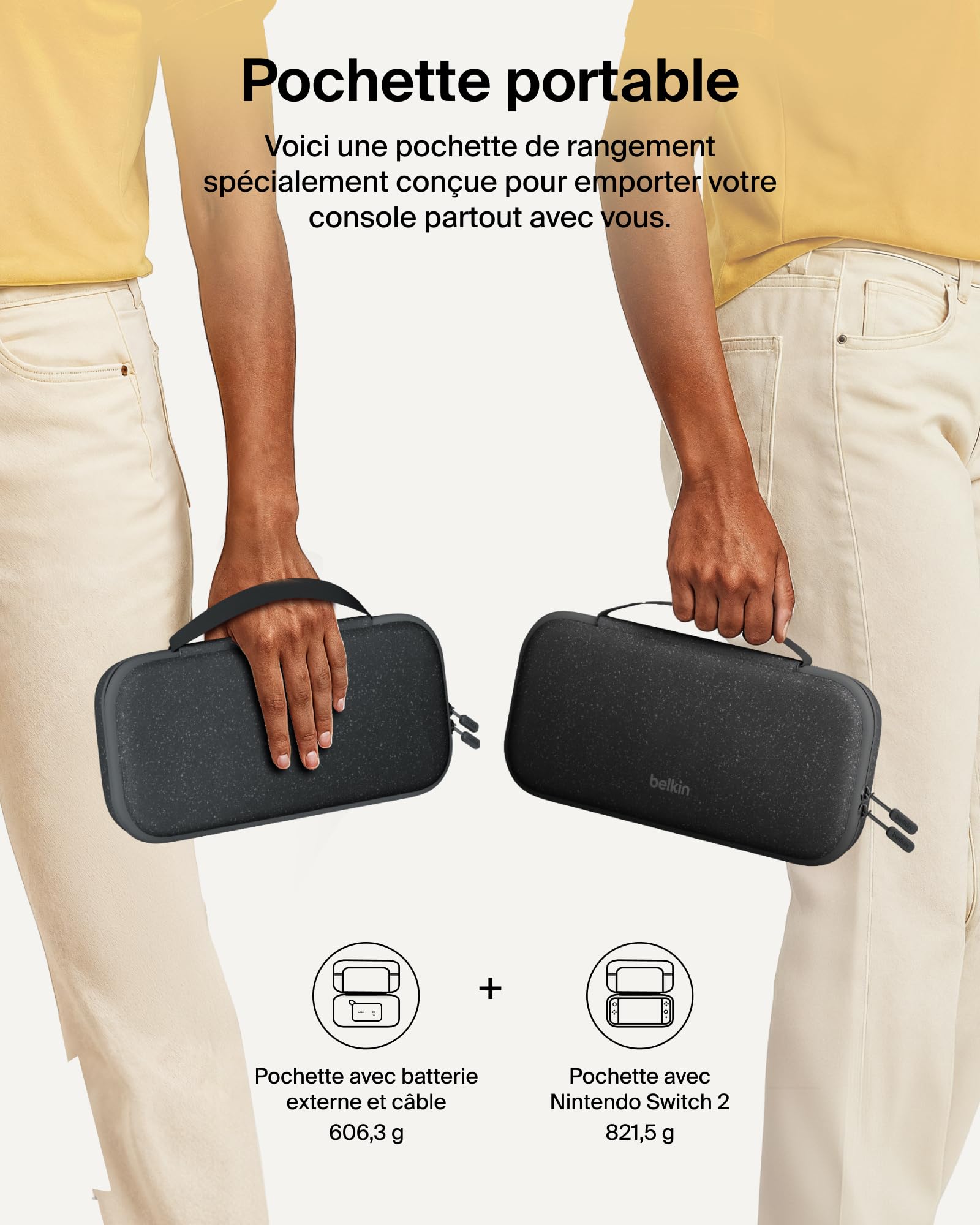 Belkin Gaming Pochette de rangement avec batterie externe 10 000 mAh pour Nintendo Switch 2 (écran LCD, recharge rapide de 20 W pour Nintendo Switch, compartiments pour AirTag et cartes de jeux, gris)