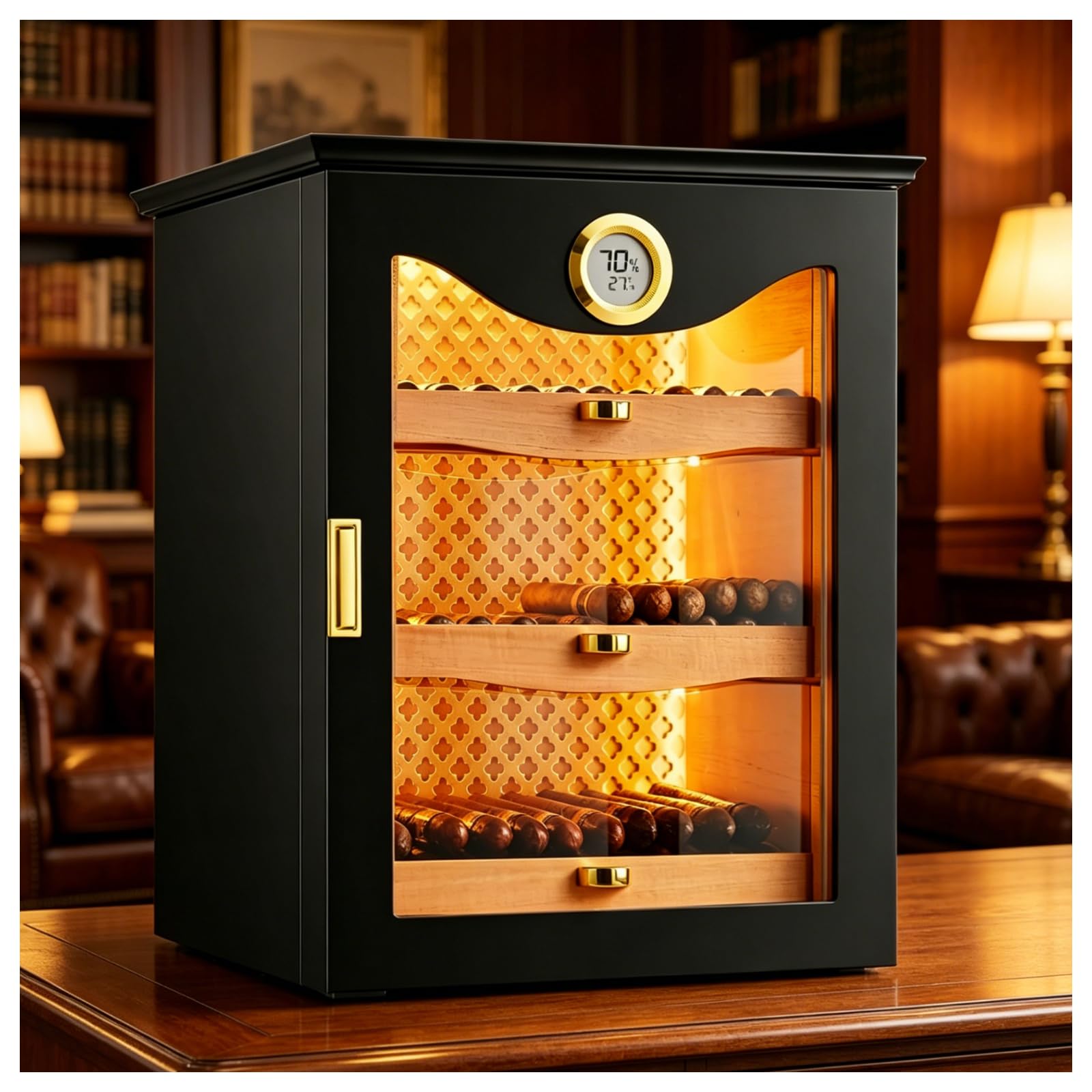 ZHENYUWANG Cigar Humidor, Made Of Natural Cedar Wood, With Built-In Humidifier, Suitable For Home Cigar Lovers, Holds Up To 130 Cigars black