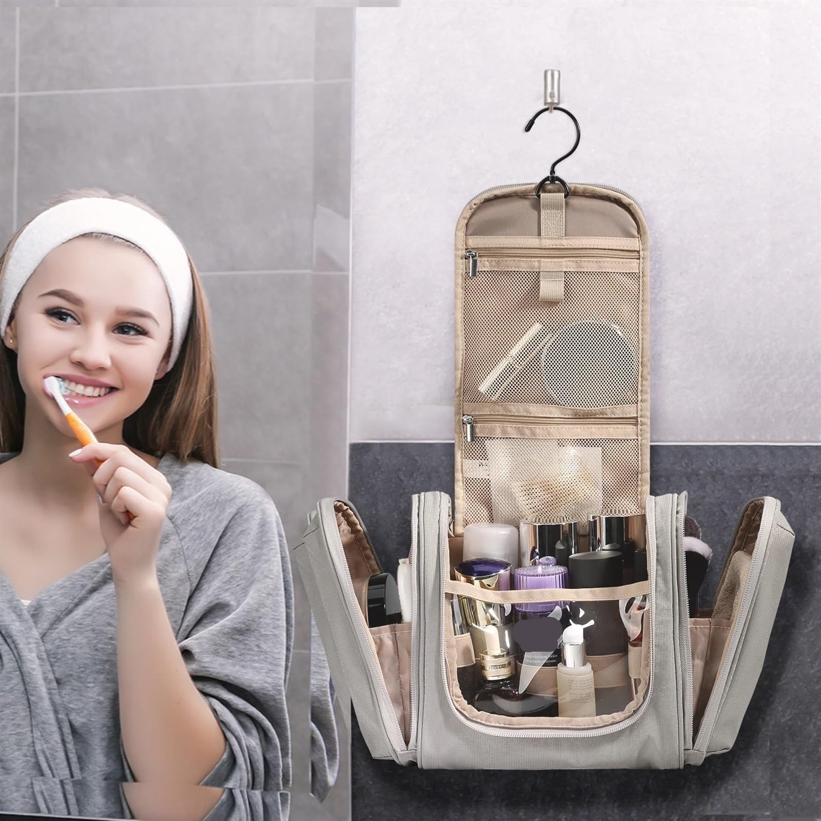 Neceser Bolsas de Viaje Colgantes, Nuevo Organizador de Maquillaje Transparente Impermeable, Gran Capacidad, Neceser cosmético, Estuche organizadores(Black,L)