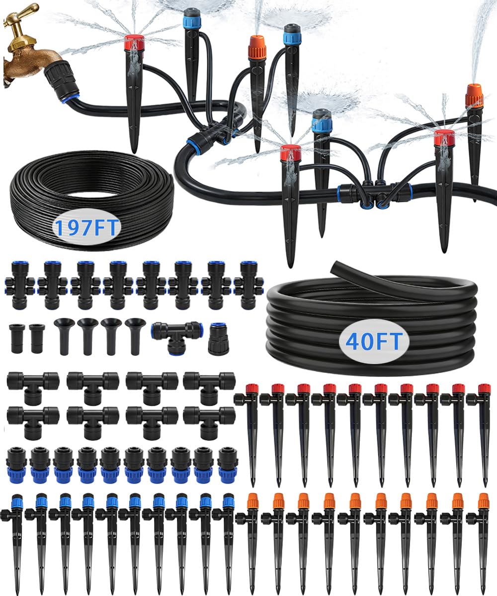 237FT Drip Irrigation System for Garden with 40 Nozzles, Quick-Connect Irrigation Kit with 1/2" & 1/4" Fast-Lock Tube. for Greenhouse, Raised Garden and Potted Plants (40FT+197 FT)