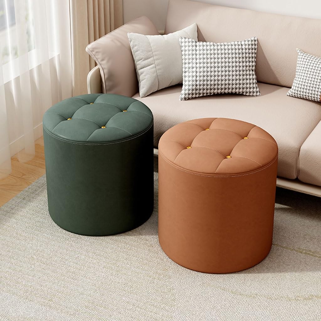 Dark Green Pouf Footrest for Makeup Vanity, Low Stool for Shoe Change, Small Round Accent Chair for Living Room, Bedroom, Office - Cushioned Design