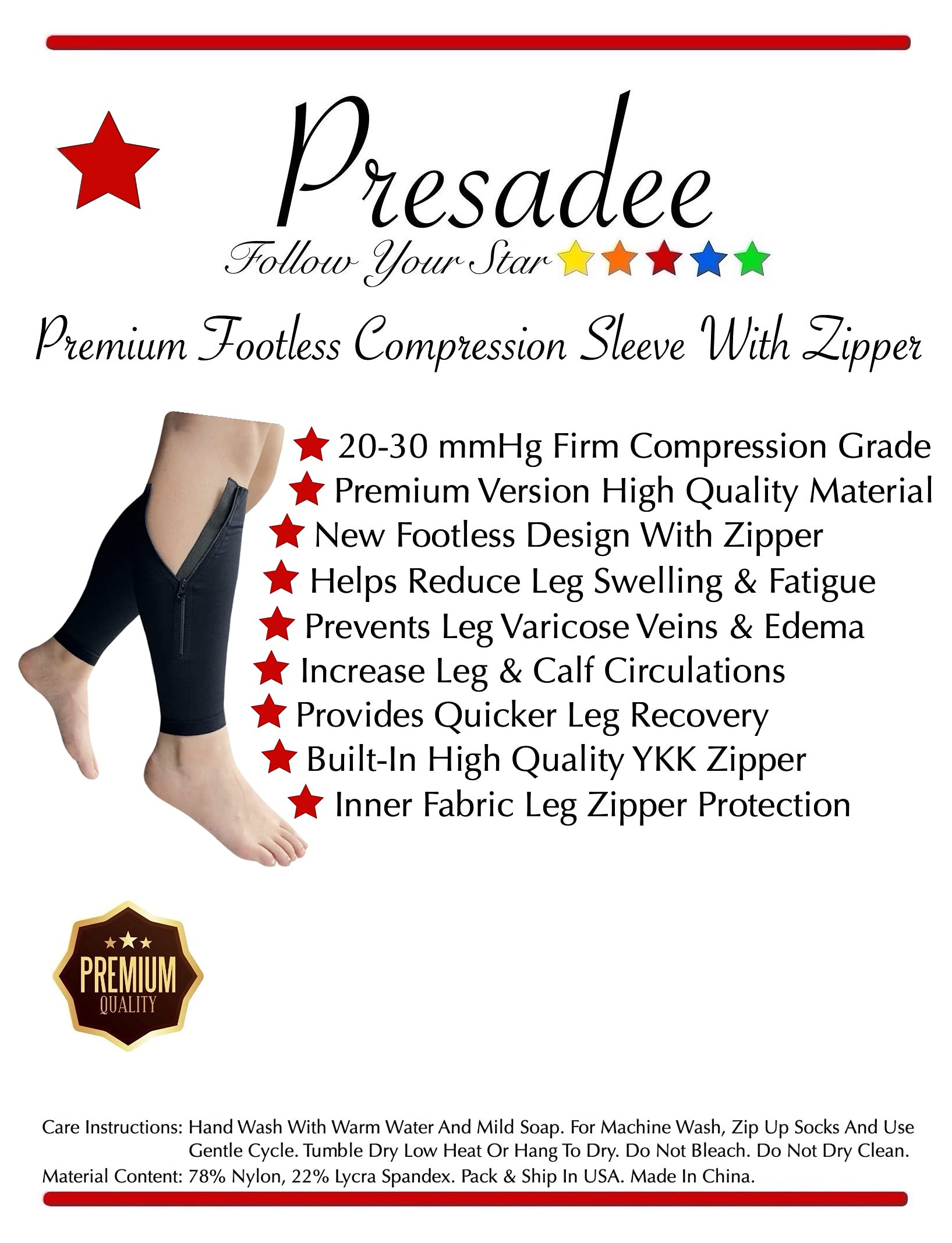 Presadee Shin Premium 20-30 mmHg mocny rękaw kompresyjny na nogi na łydki z zamkiem błyskawicznym (czarny, 3XL)