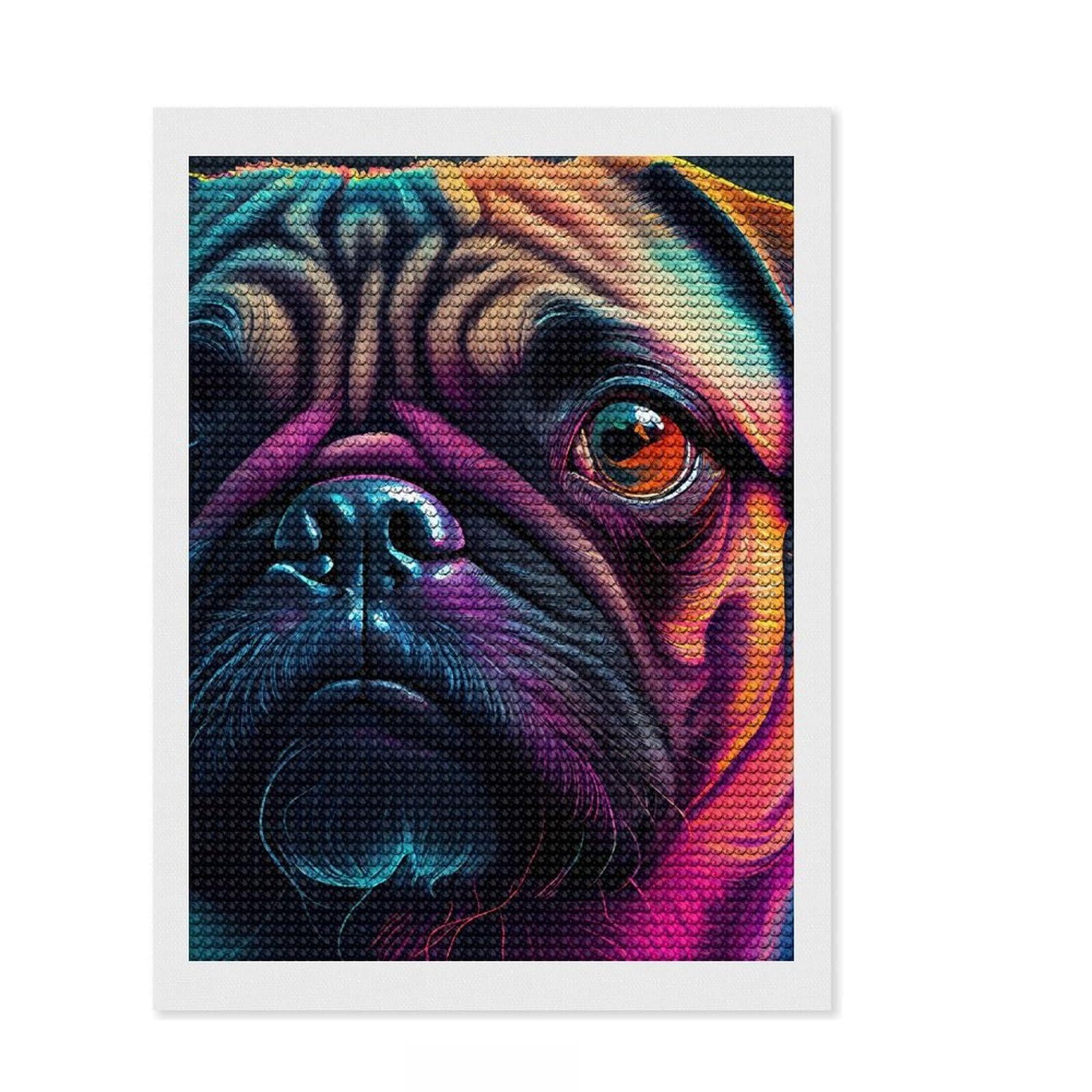 Junmoney Pug Colorful Dog Diamond Painting Canvas Set 12"x16", Adhesive Canvas, Neat Printed Canvas, Modern Decor, for Craft Lovers