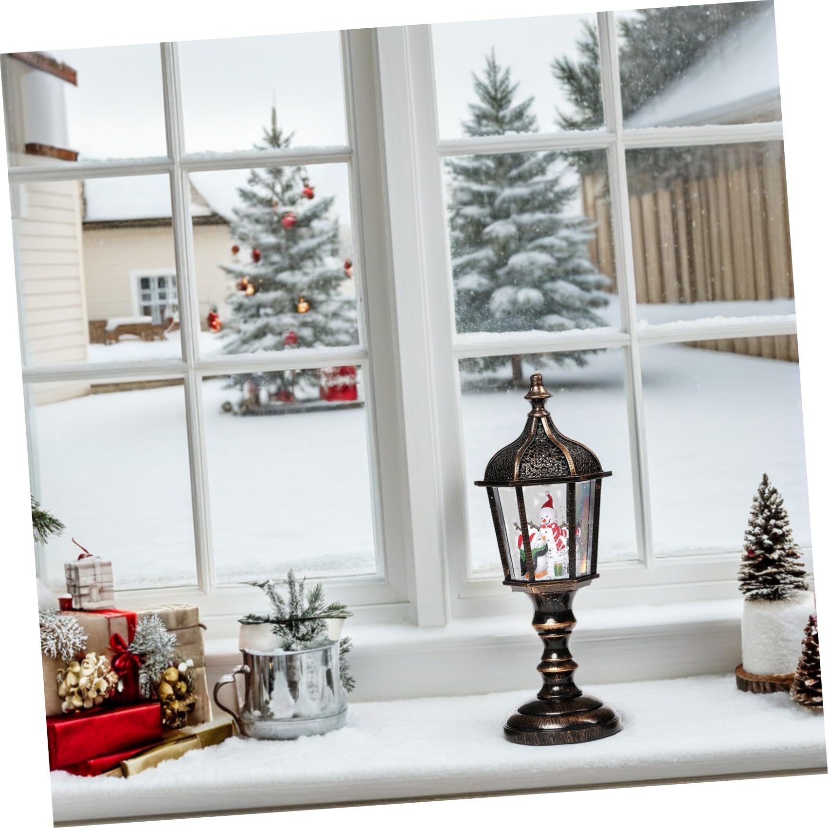 STOBAZA 2 Pezzi Lanterna Decorativa di Natale Musicale in Resina con Illuminazione USB e Batteria, per Decorazione Casa e Ufficio con Atmosfera Festiva Natalizia